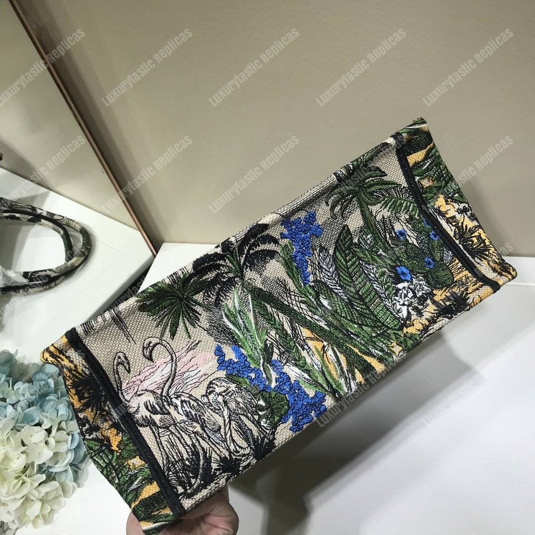 mini D*or book tote bag in embroidered canvas leaf green toile de jouy tropicalia