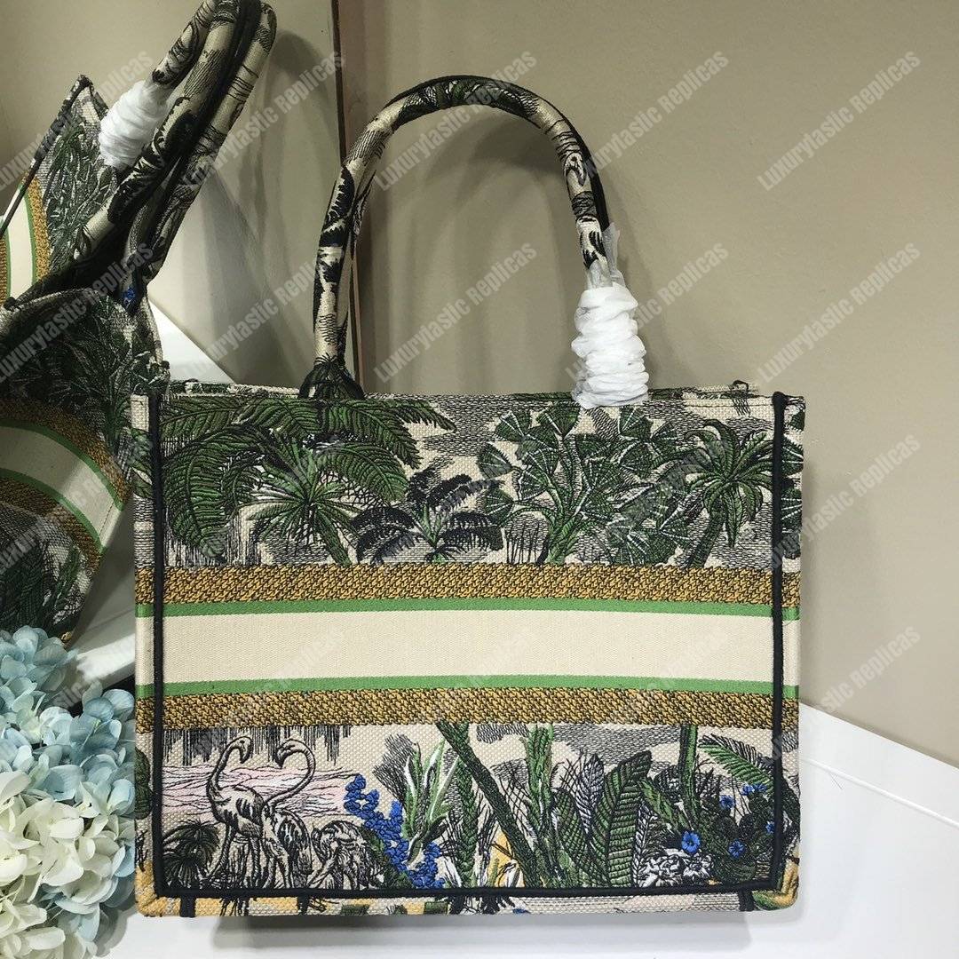 mini D*or book tote bag in embroidered canvas leaf green toile de jouy tropicalia