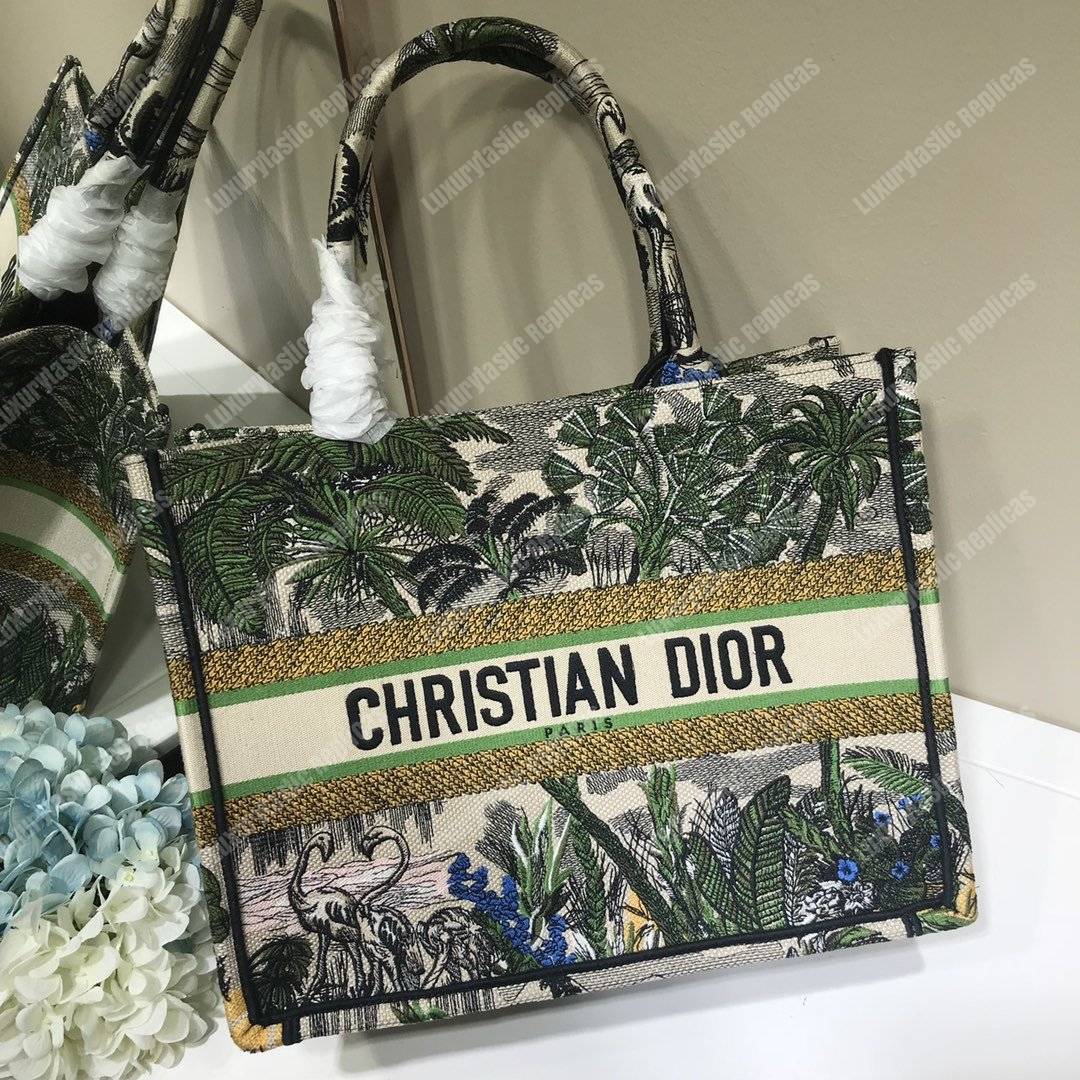 mini D*or book tote bag in embroidered canvas leaf green toile de jouy tropicalia