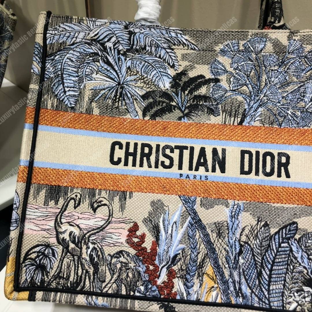 D*or book tote bag in embroidered canvas blue toile de jouy tropicalia