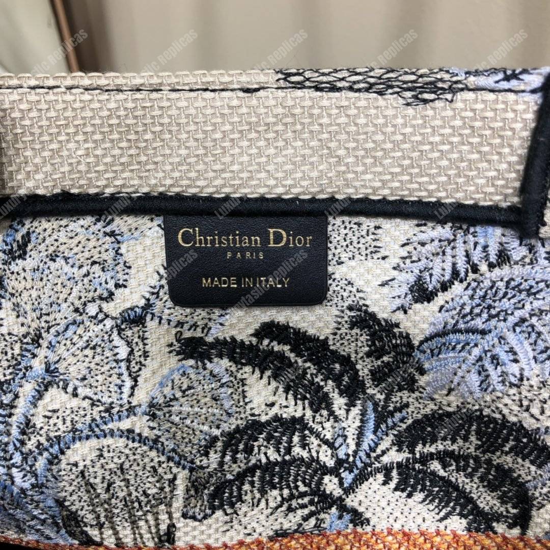 D*or book tote bag in embroidered canvas blue toile de jouy tropicalia