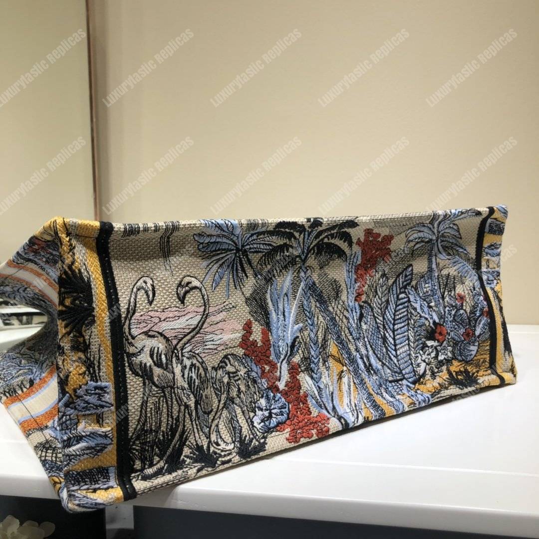 D*or book tote bag in embroidered canvas blue toile de jouy tropicalia