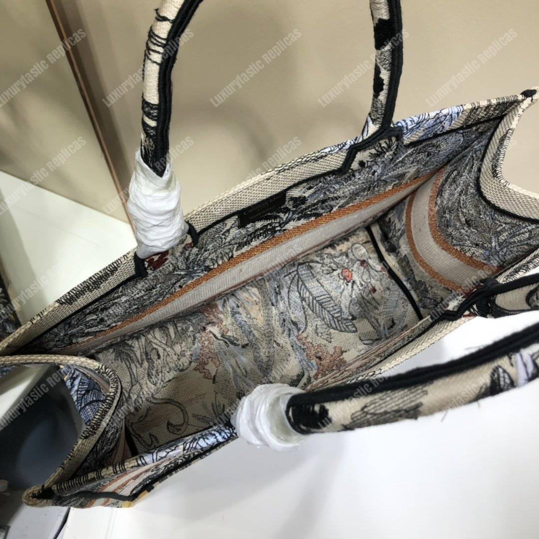 D*or book tote bag in embroidered canvas blue toile de jouy tropicalia