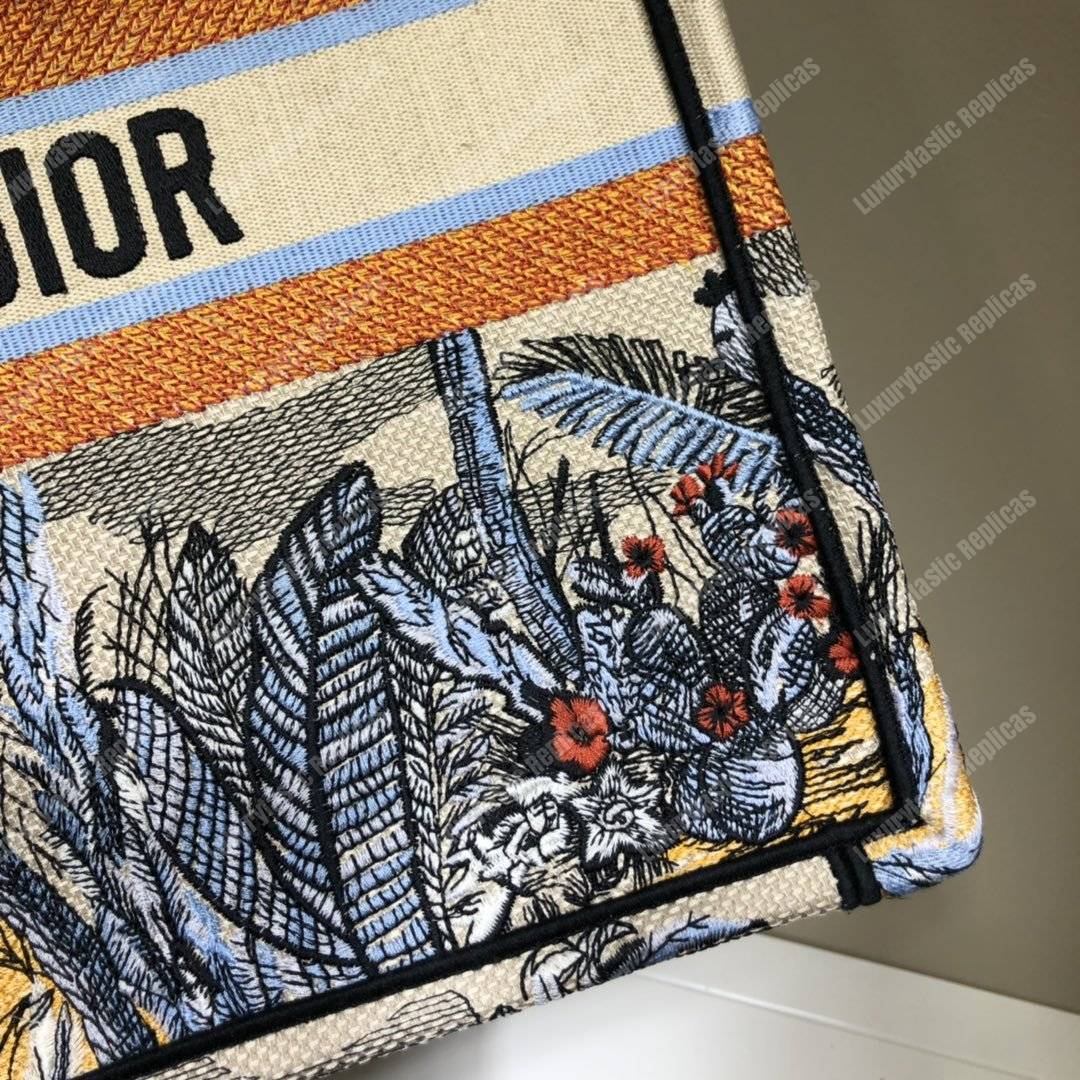 D*or book tote bag in embroidered canvas blue toile de jouy tropicalia