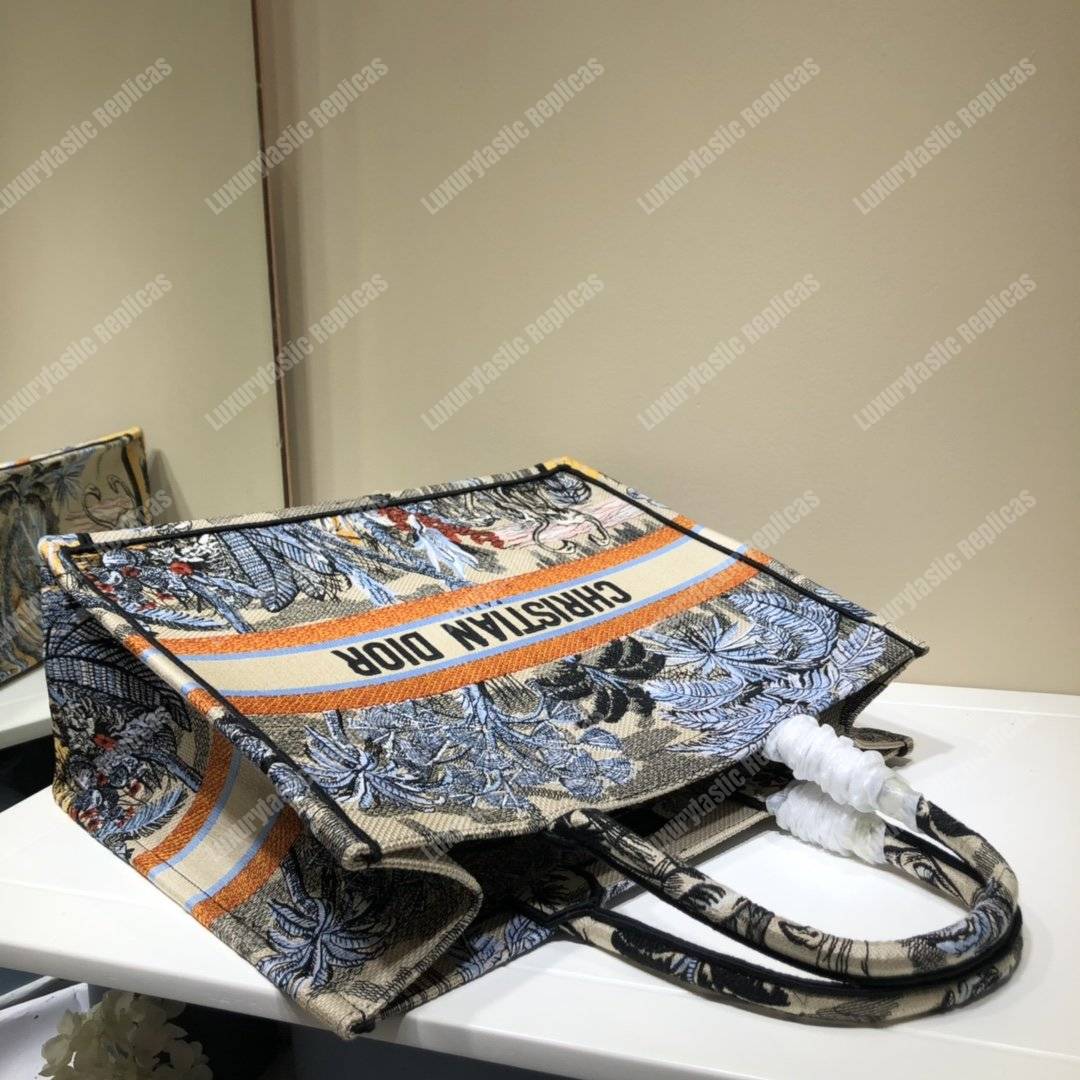 D*or book tote bag in embroidered canvas blue toile de jouy tropicalia