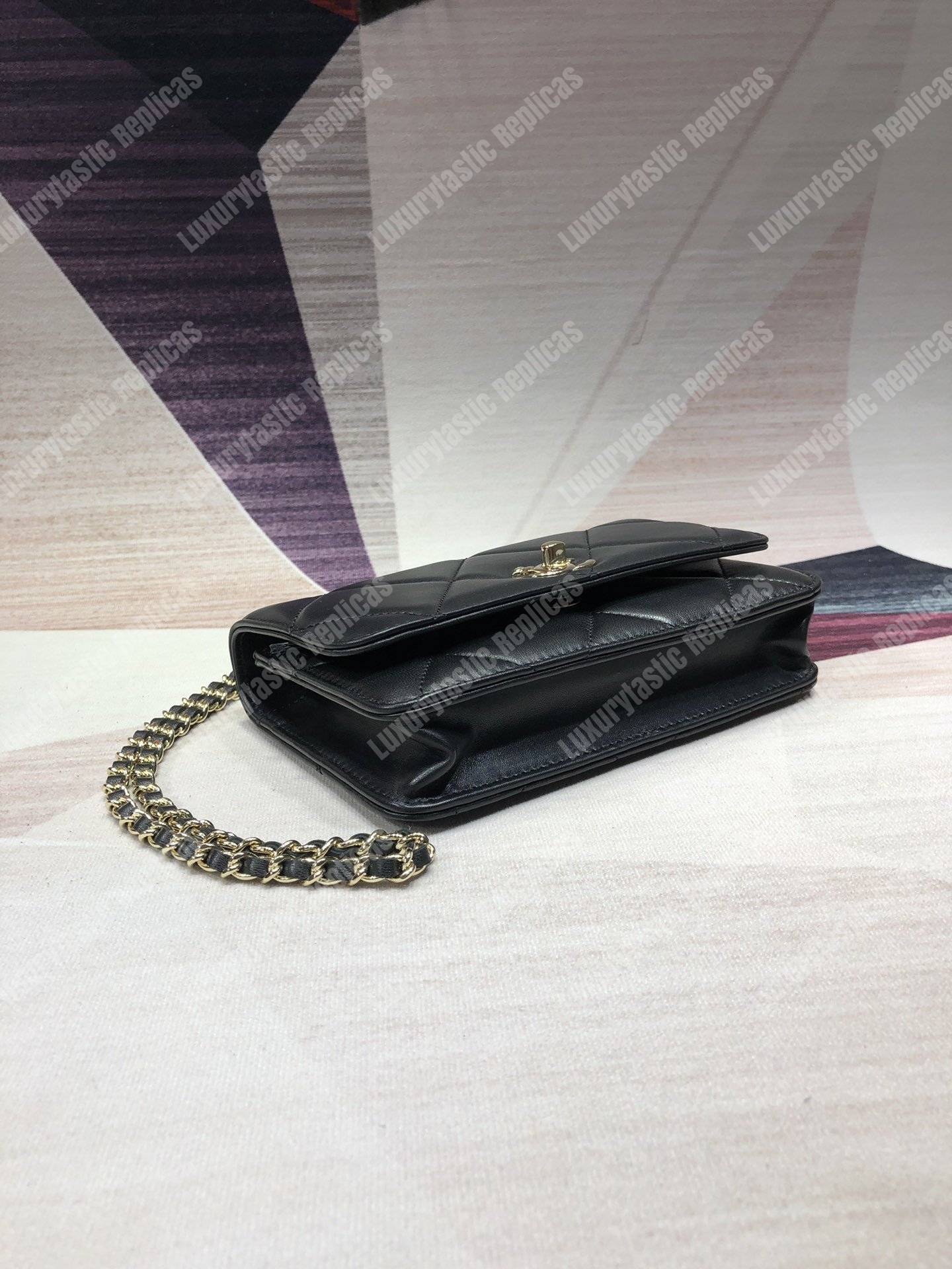 Ch*el wallet on chain – woc lambskin gold-toned metal black