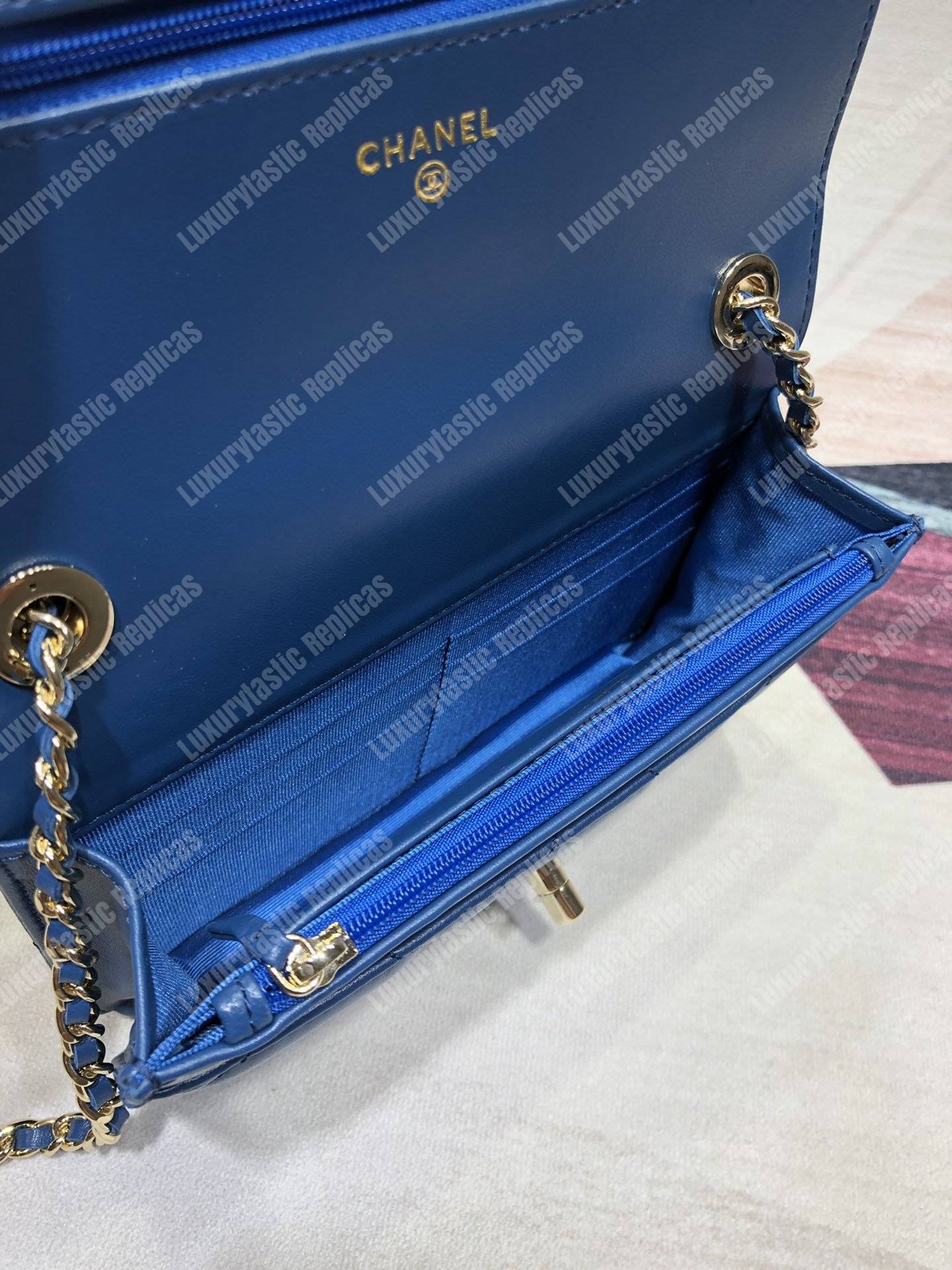 Ch*el wallet on chain – woc lambskin gold-toned metal blue