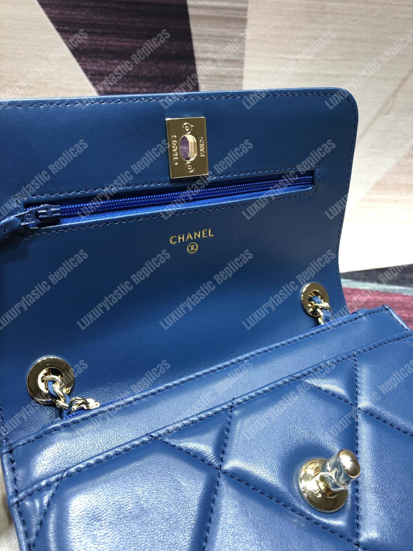 Ch*el wallet on chain – woc lambskin gold-toned metal blue