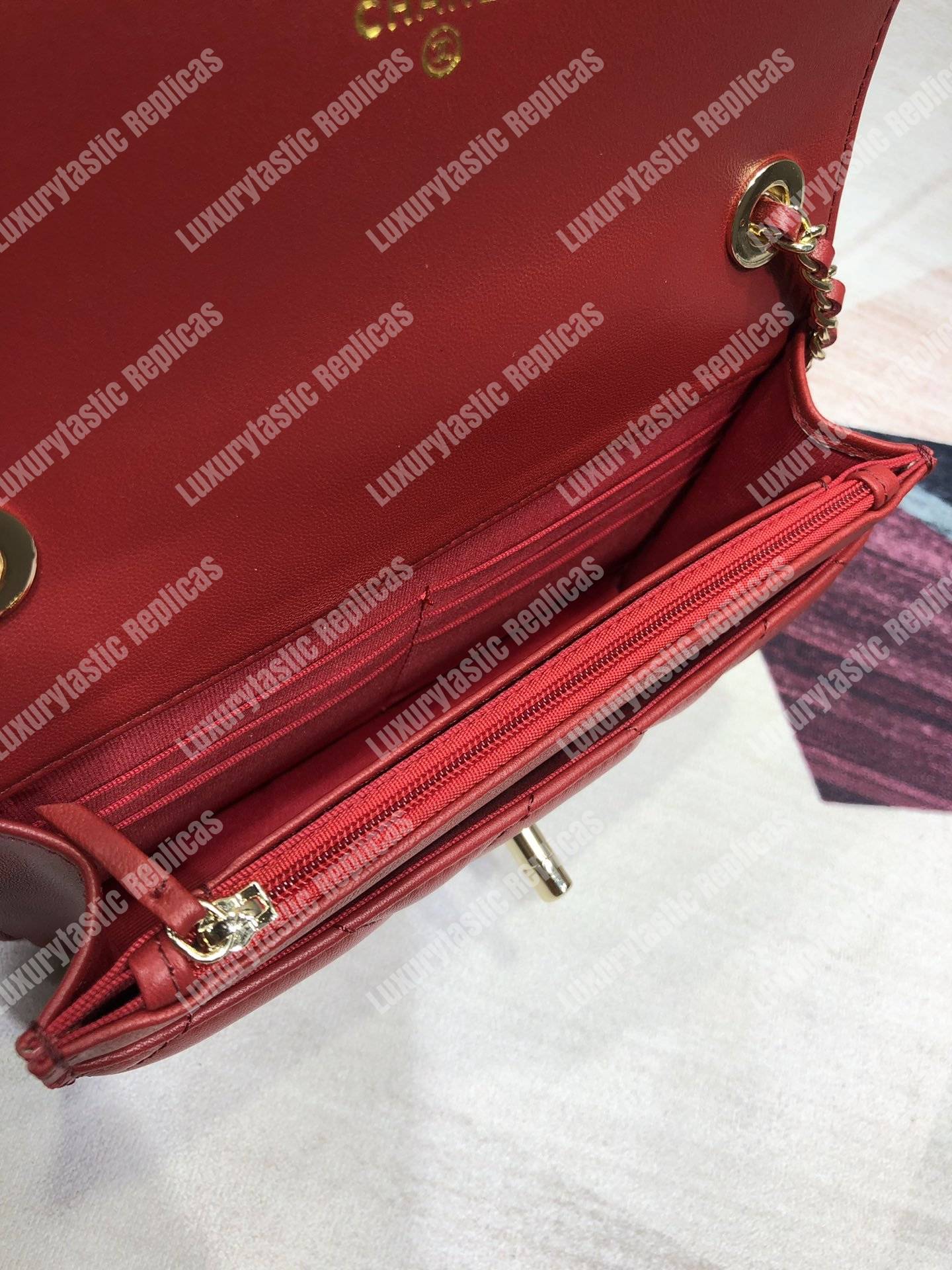 Ch*el wallet on chain – woc lambskin gold-toned metal burgundy