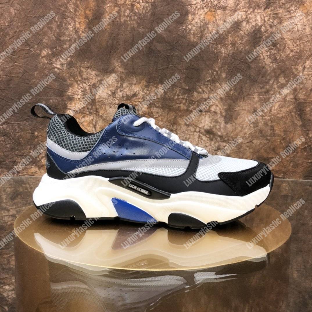 D*or b22 sneaker in white & gray technical knit with blue, black & gray calfskin