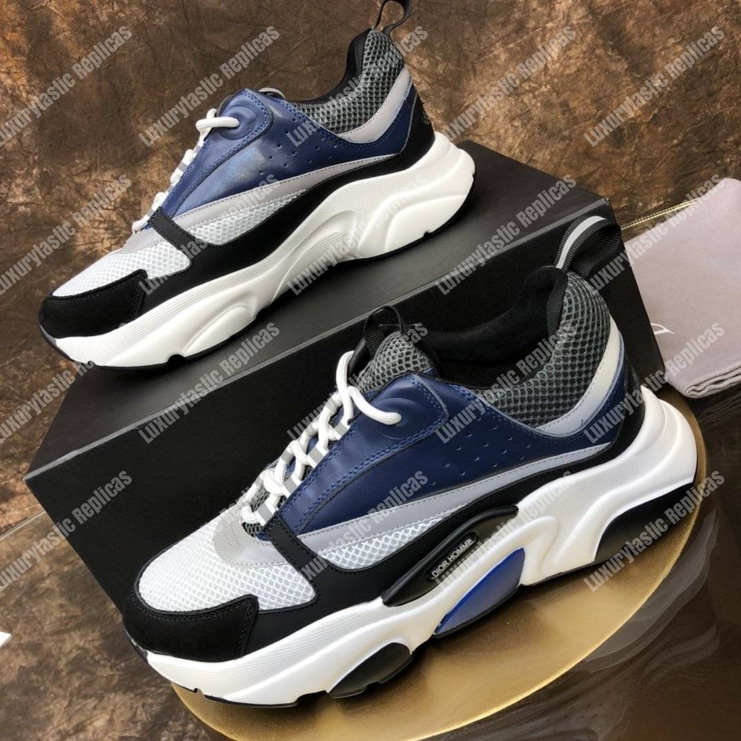 D*or b22 sneaker in white & gray technical knit with blue, black & gray calfskin