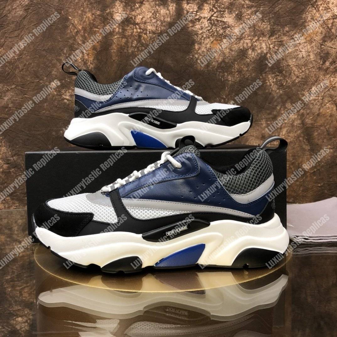 D*or b22 sneaker in white & gray technical knit with blue, black & gray calfskin