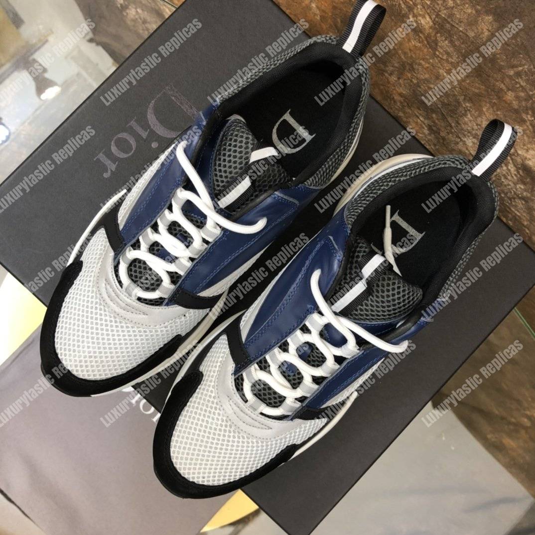 D*or b22 sneaker in white & gray technical knit with blue, black & gray calfskin