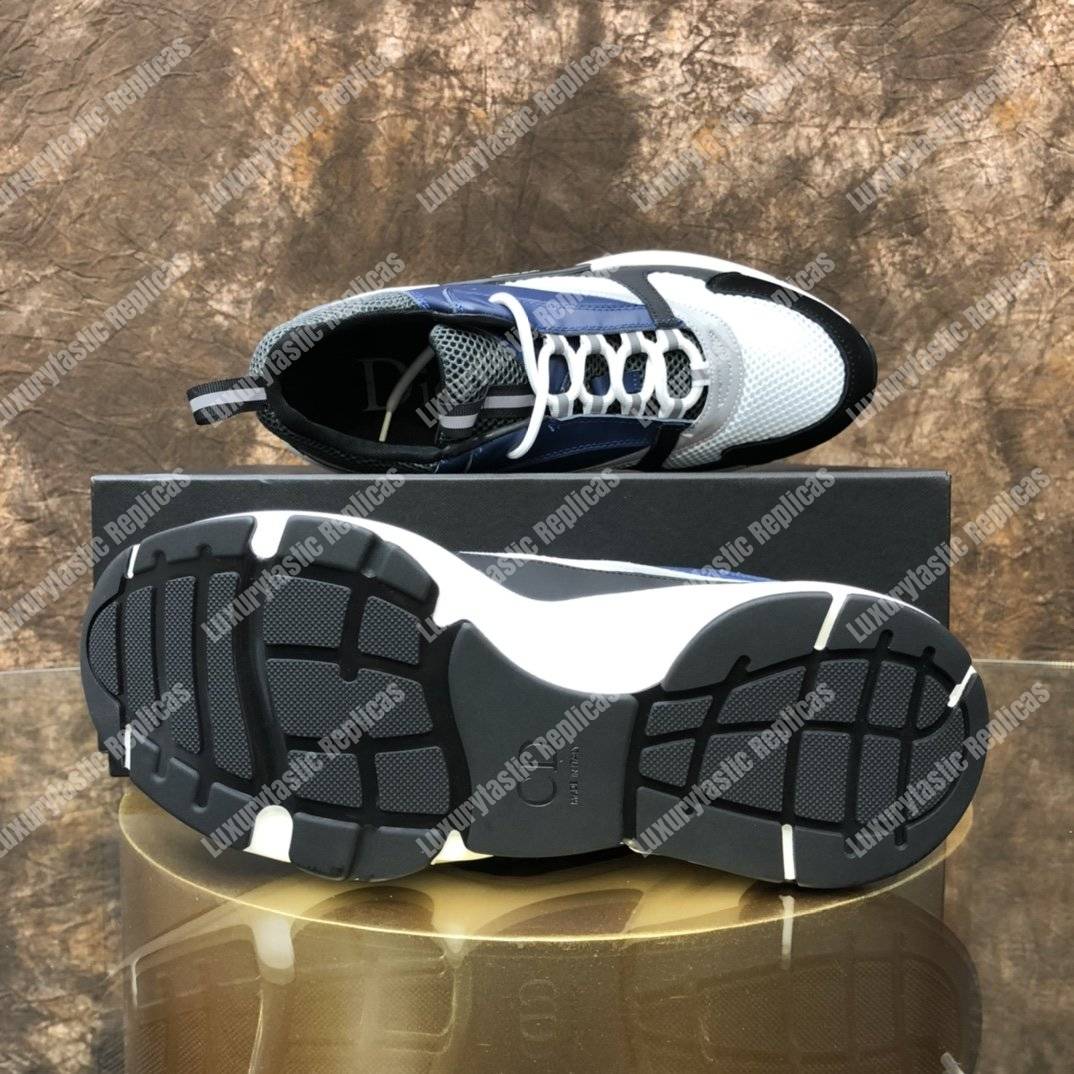 D*or b22 sneaker in white & gray technical knit with blue, black & gray calfskin