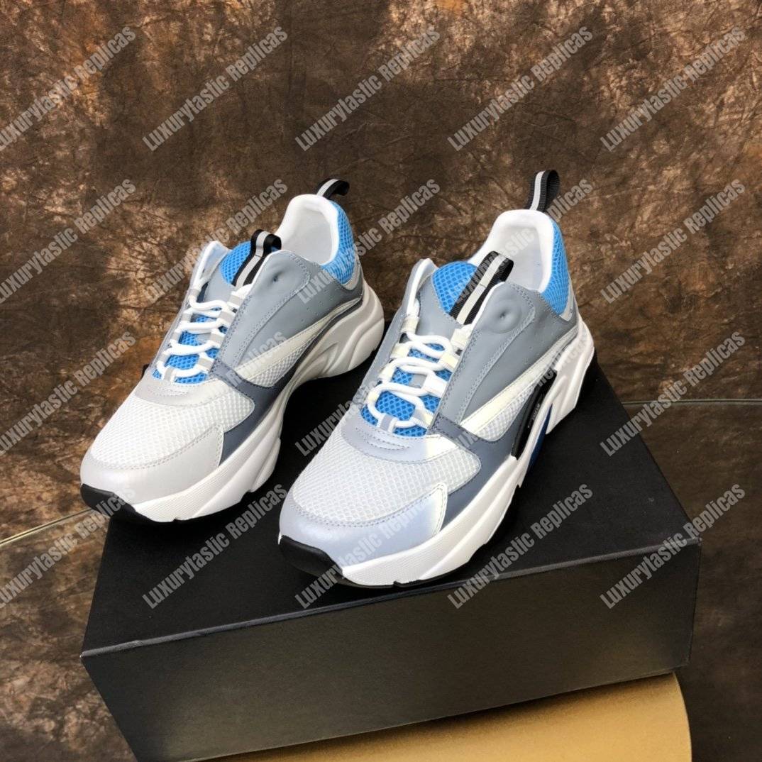 D*or b22 sneaker in white and blue technical mesh and gray calfskin