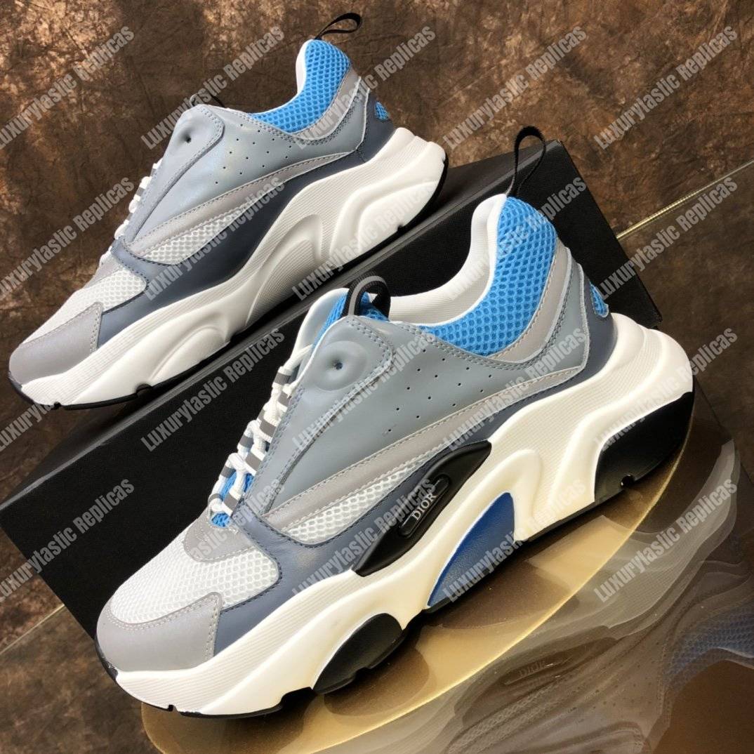 D*or b22 sneaker in white and blue technical mesh and gray calfskin