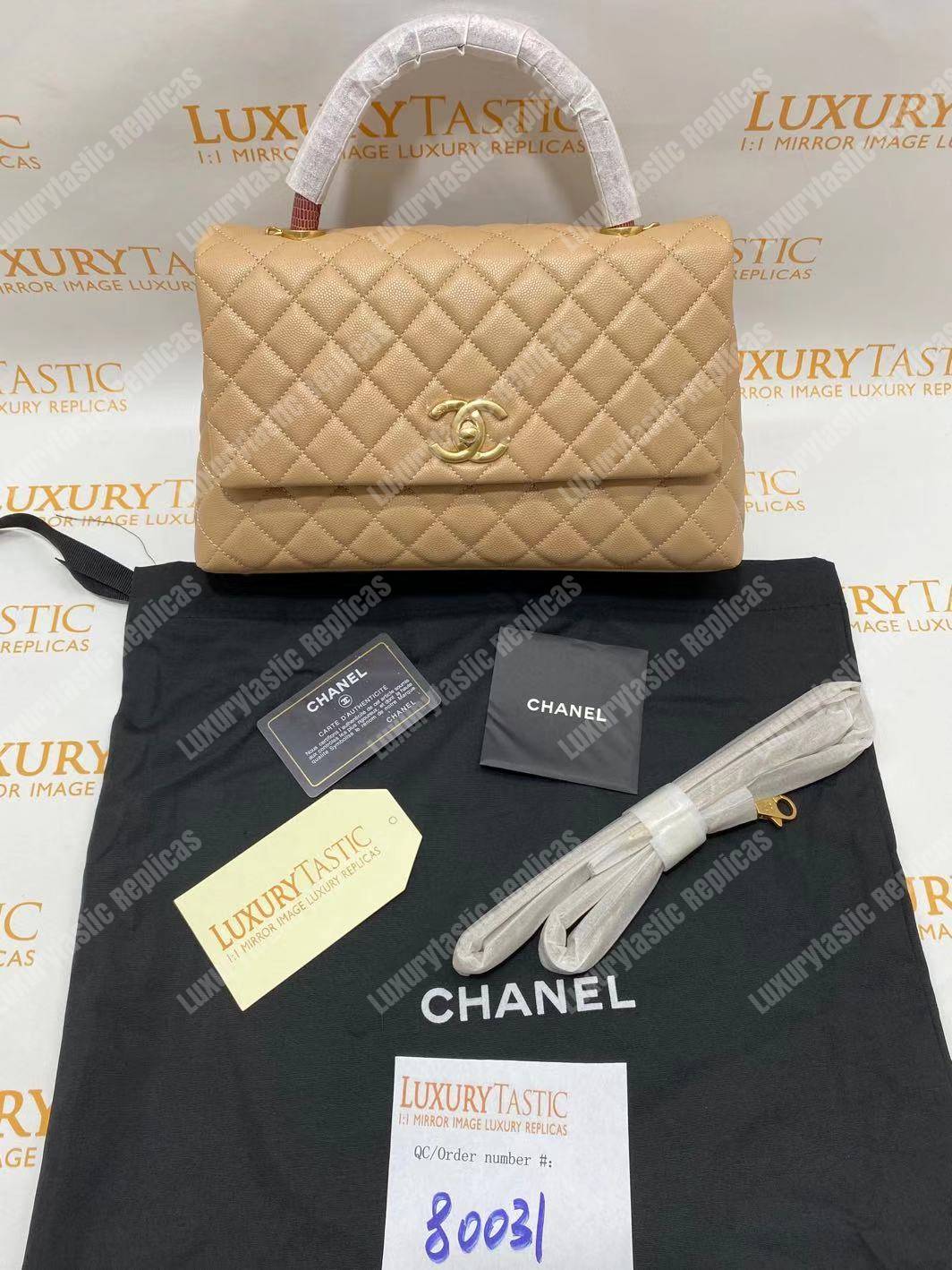 Ch*el flap bag with top handle beige