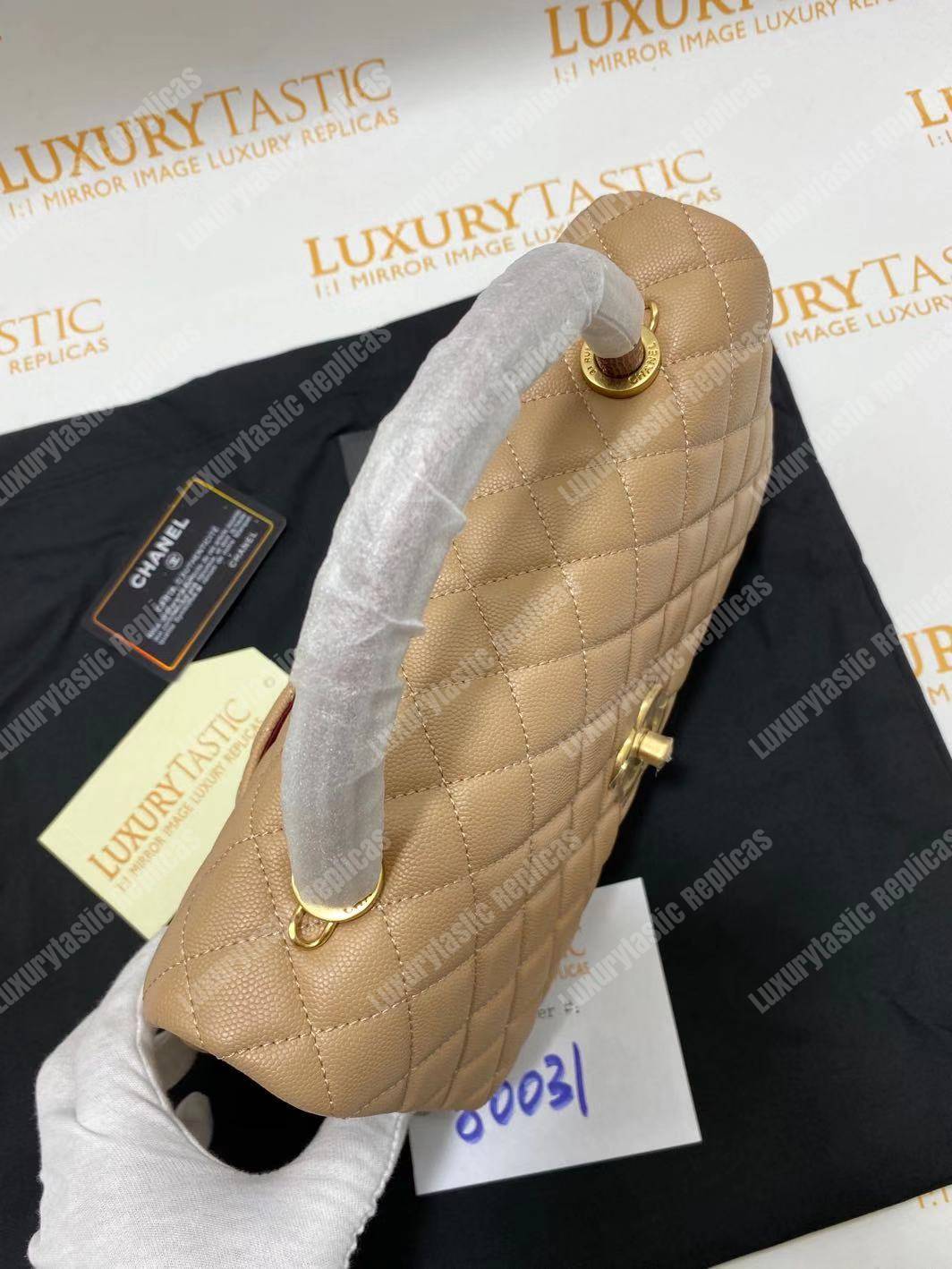 Ch*el flap bag with top handle beige