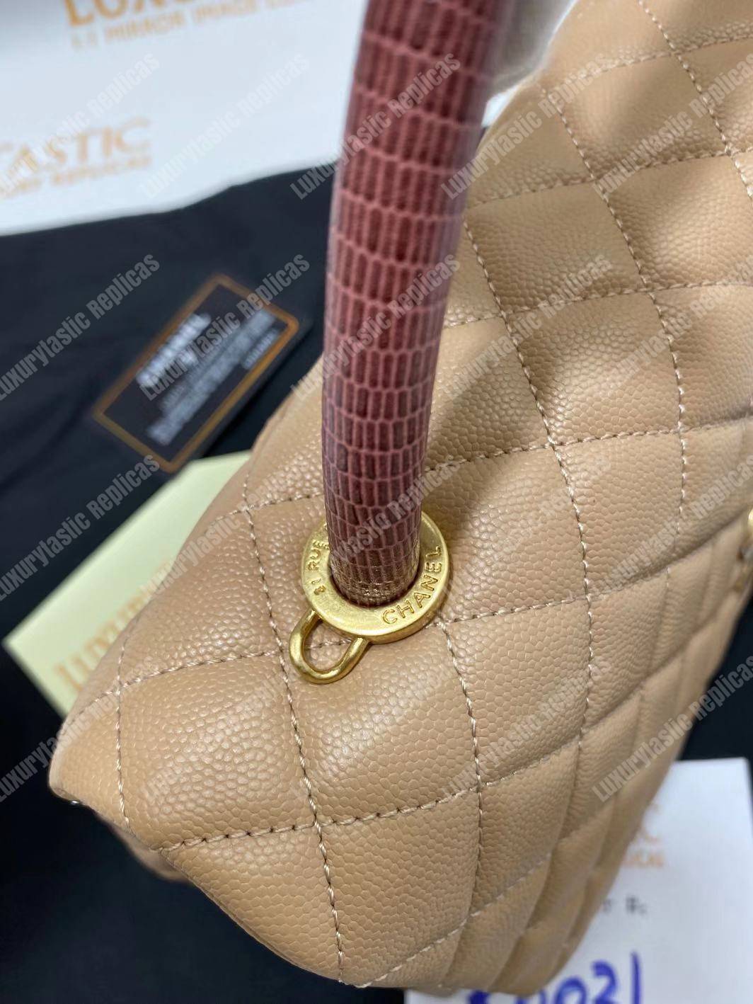 Ch*el flap bag with top handle beige