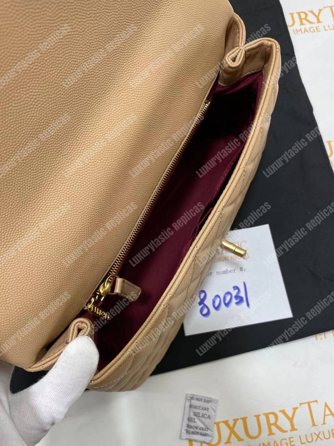 Ch*el flap bag with top handle beige