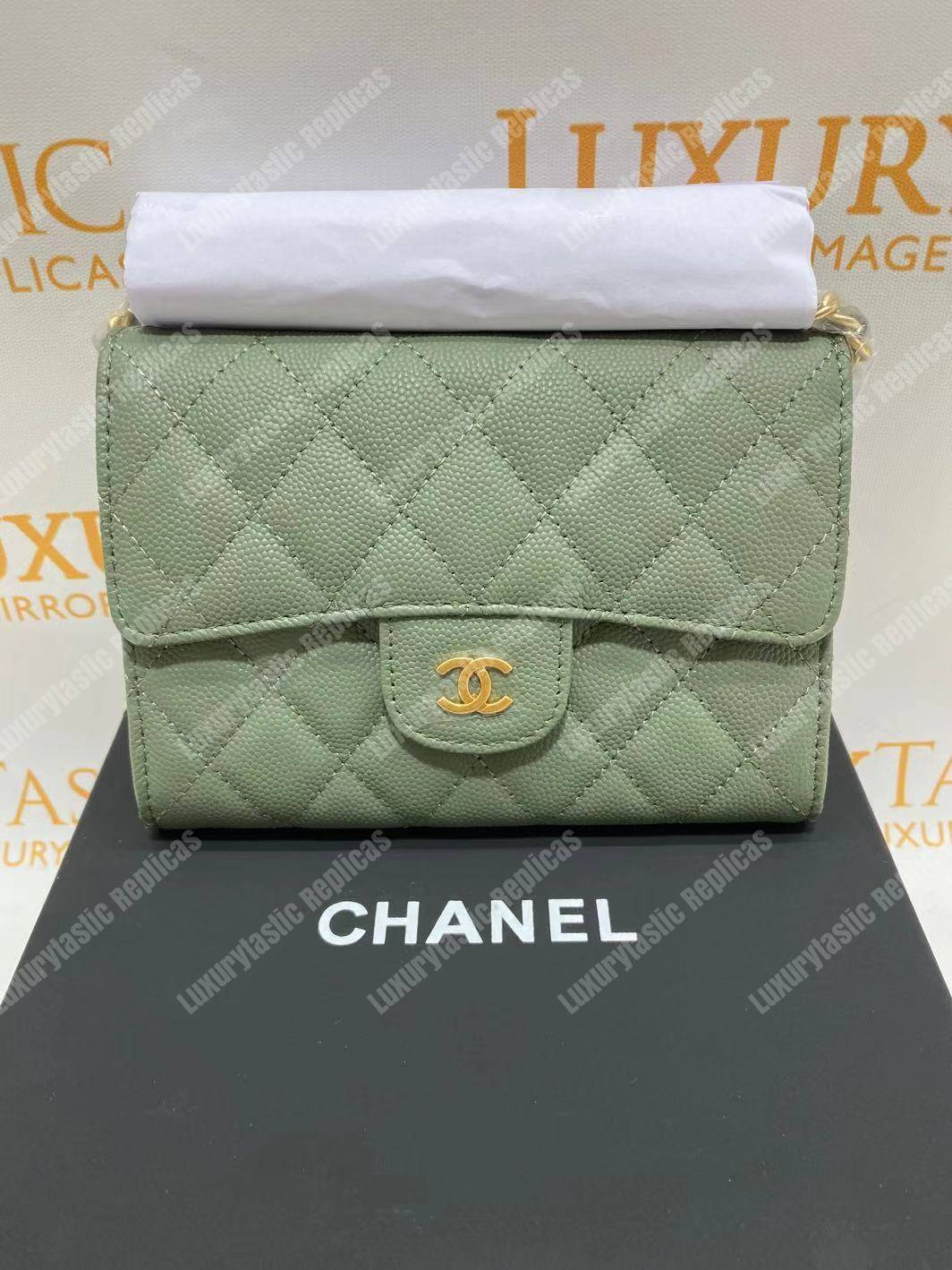 Ch*el classic clutch with chain – cwc caviar pistachio gold-toned