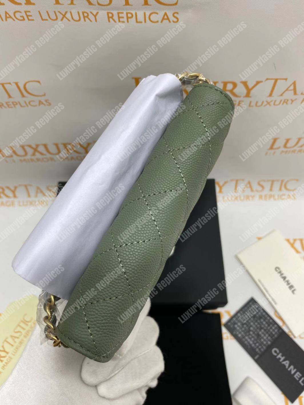 Ch*el classic clutch with chain – cwc caviar pistachio gold-toned