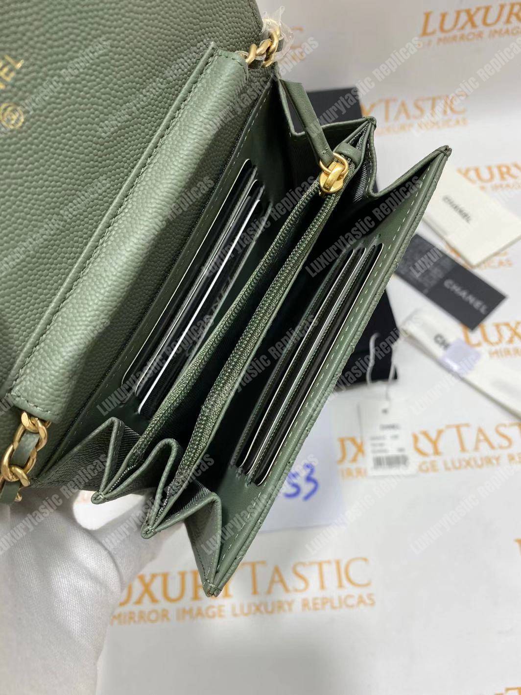 Ch*el classic clutch with chain – cwc caviar pistachio gold-toned