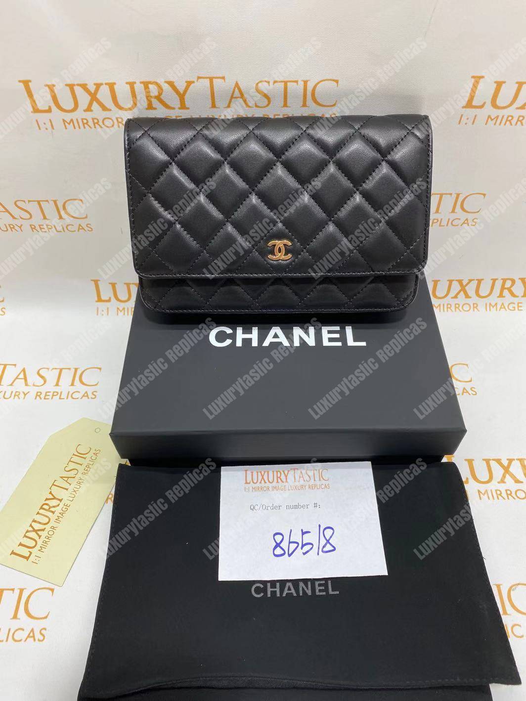 Ch*el wallet on chain – woc quilted lambskin black gold-toned