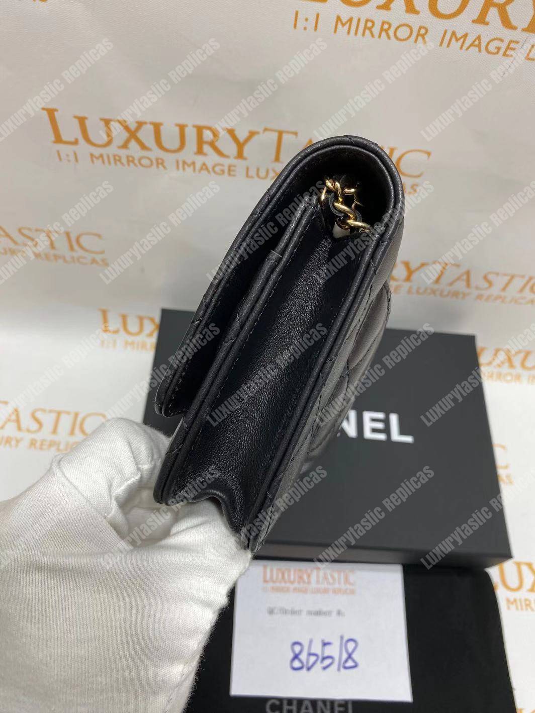 Ch*el wallet on chain – woc quilted lambskin black gold-toned