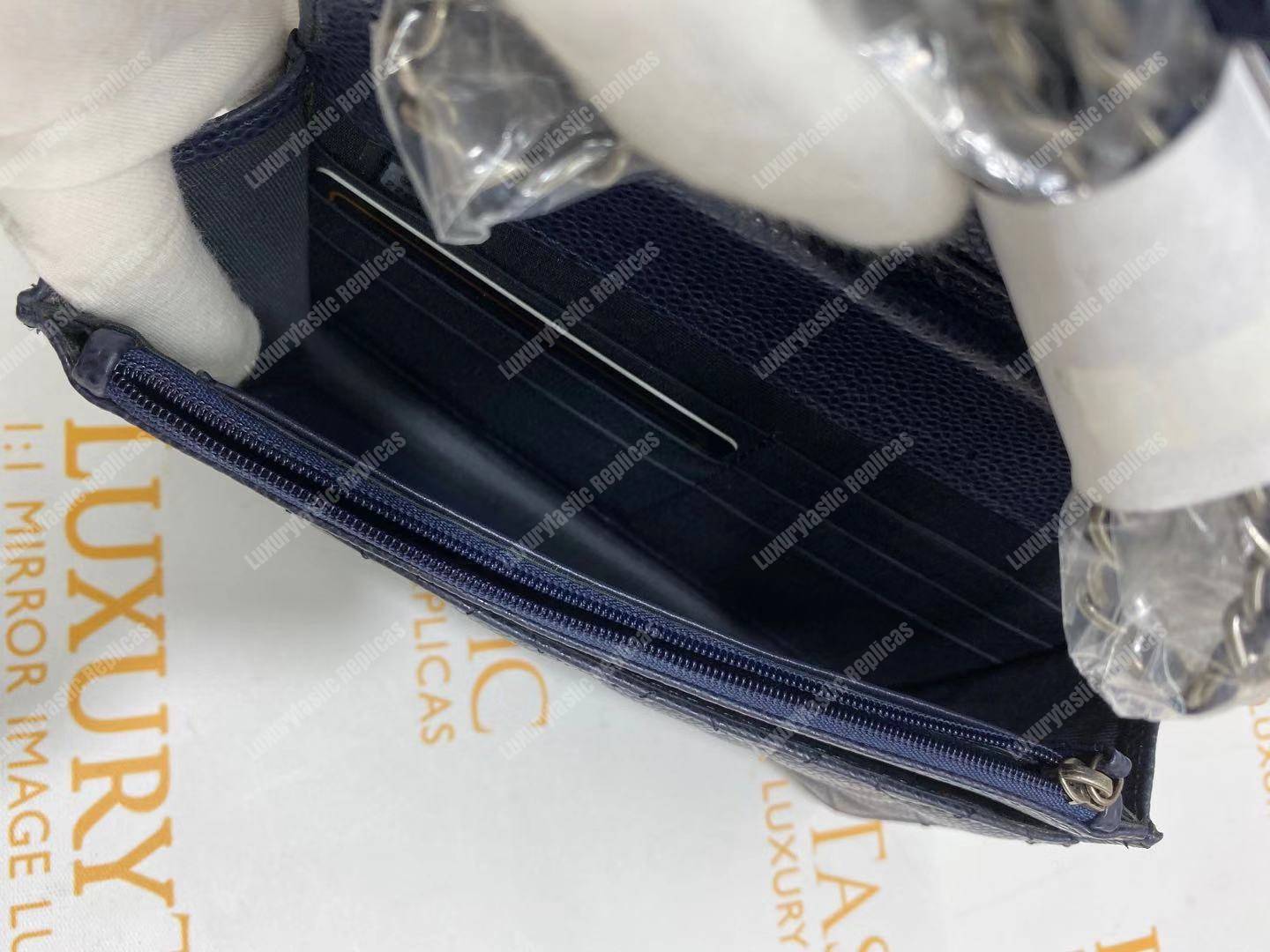 Ch*el le boy wallet on chain – woc dark blue caviar silver-toned