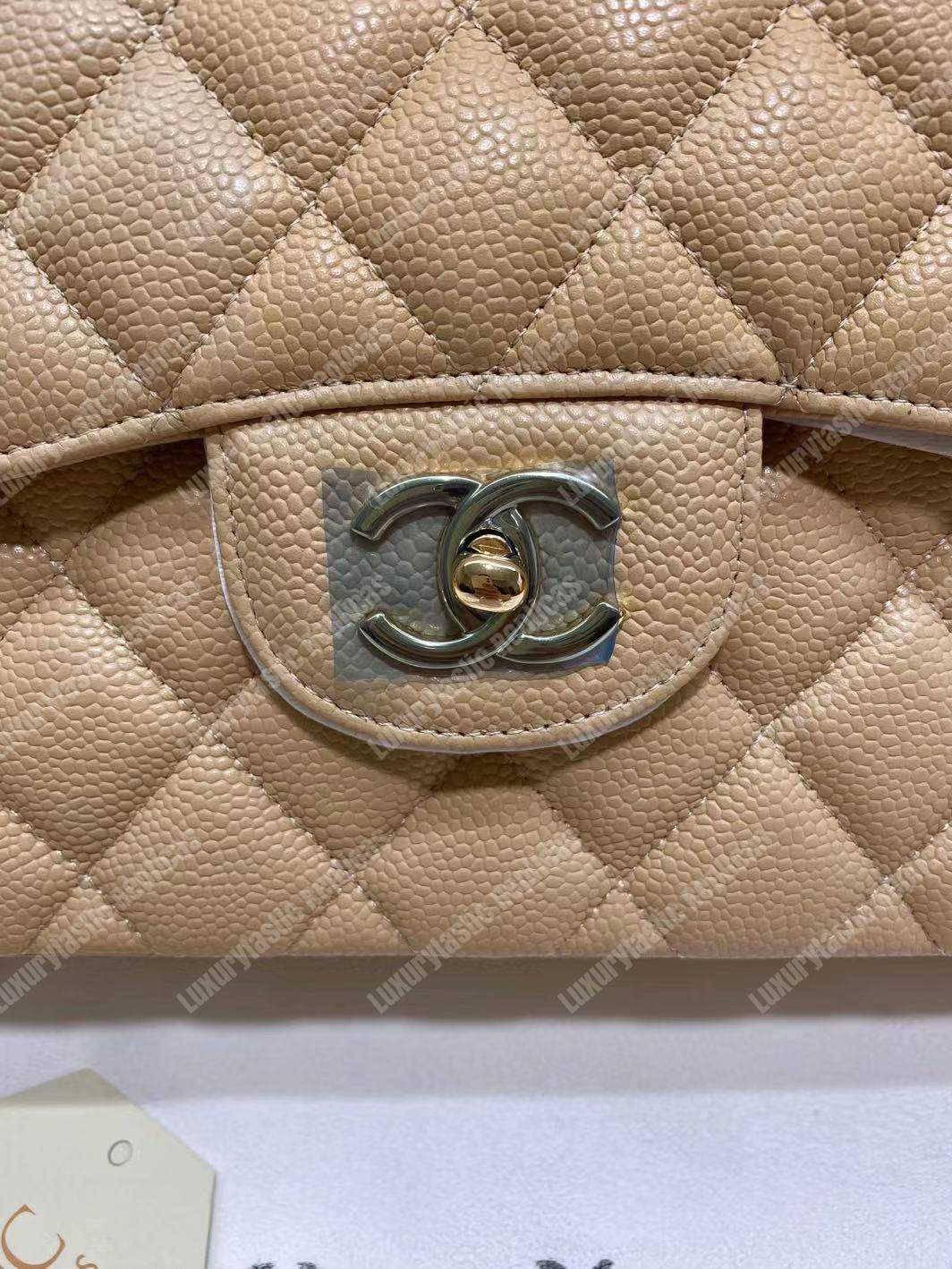 Ch*el large classic handbag beige