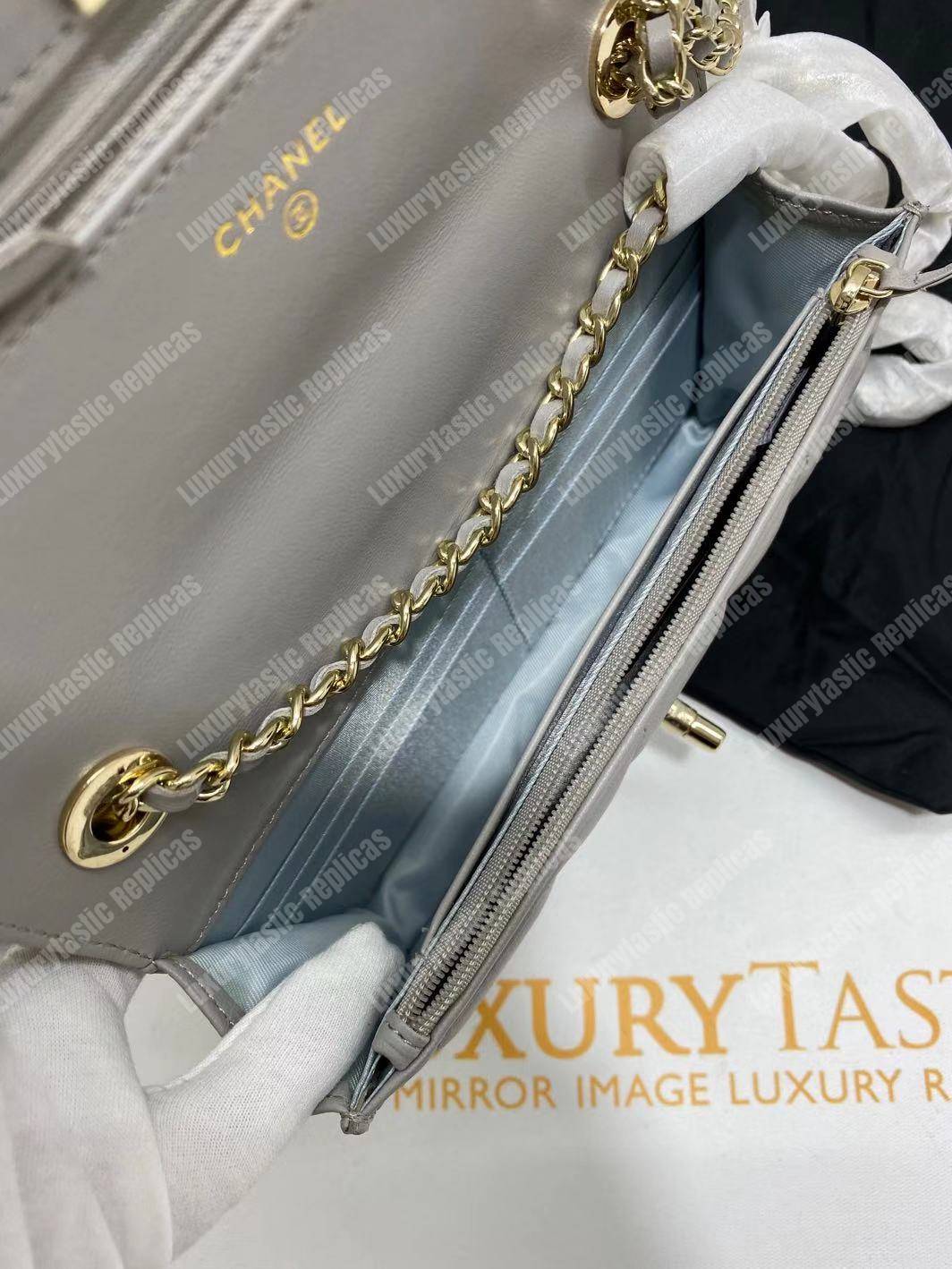 Ch*el wallet on chain – woc lambskin gold-toned metal white