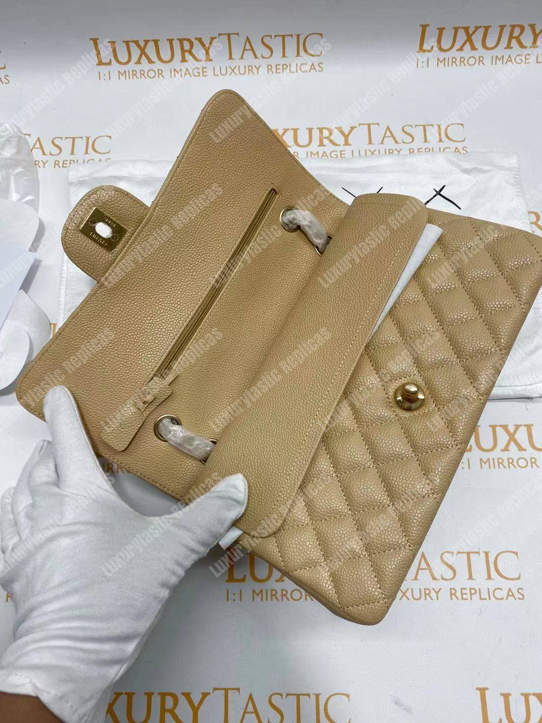 Ch*el medium classic handbag beige gold-tone metal