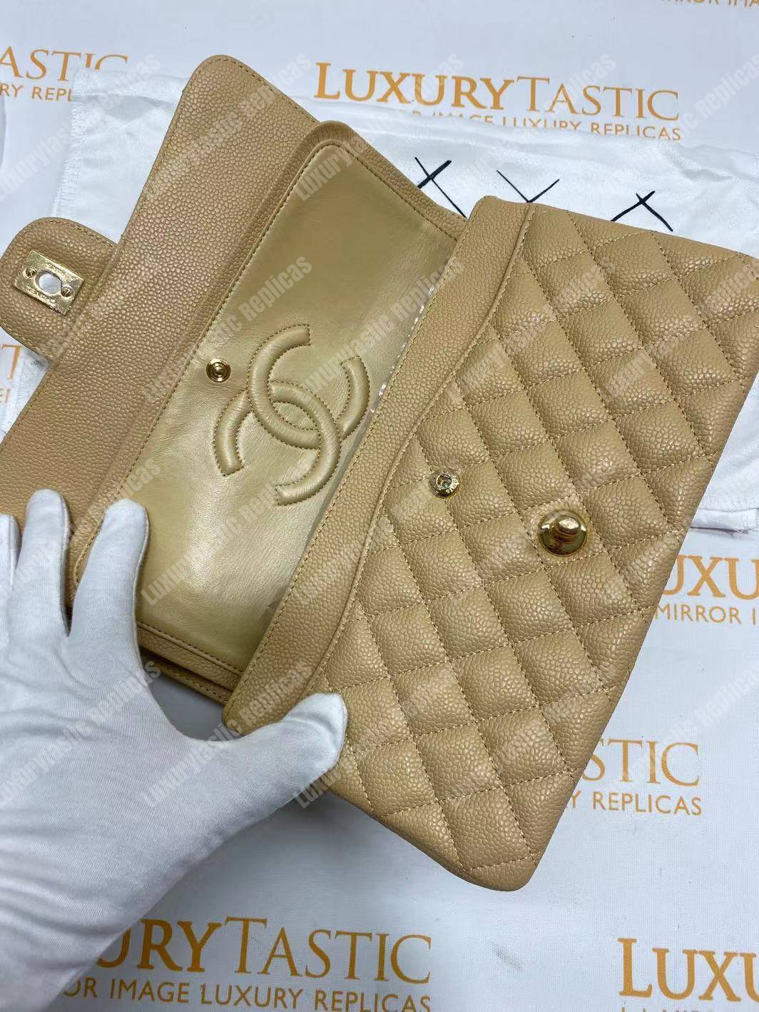 Ch*el medium classic handbag beige gold-tone metal