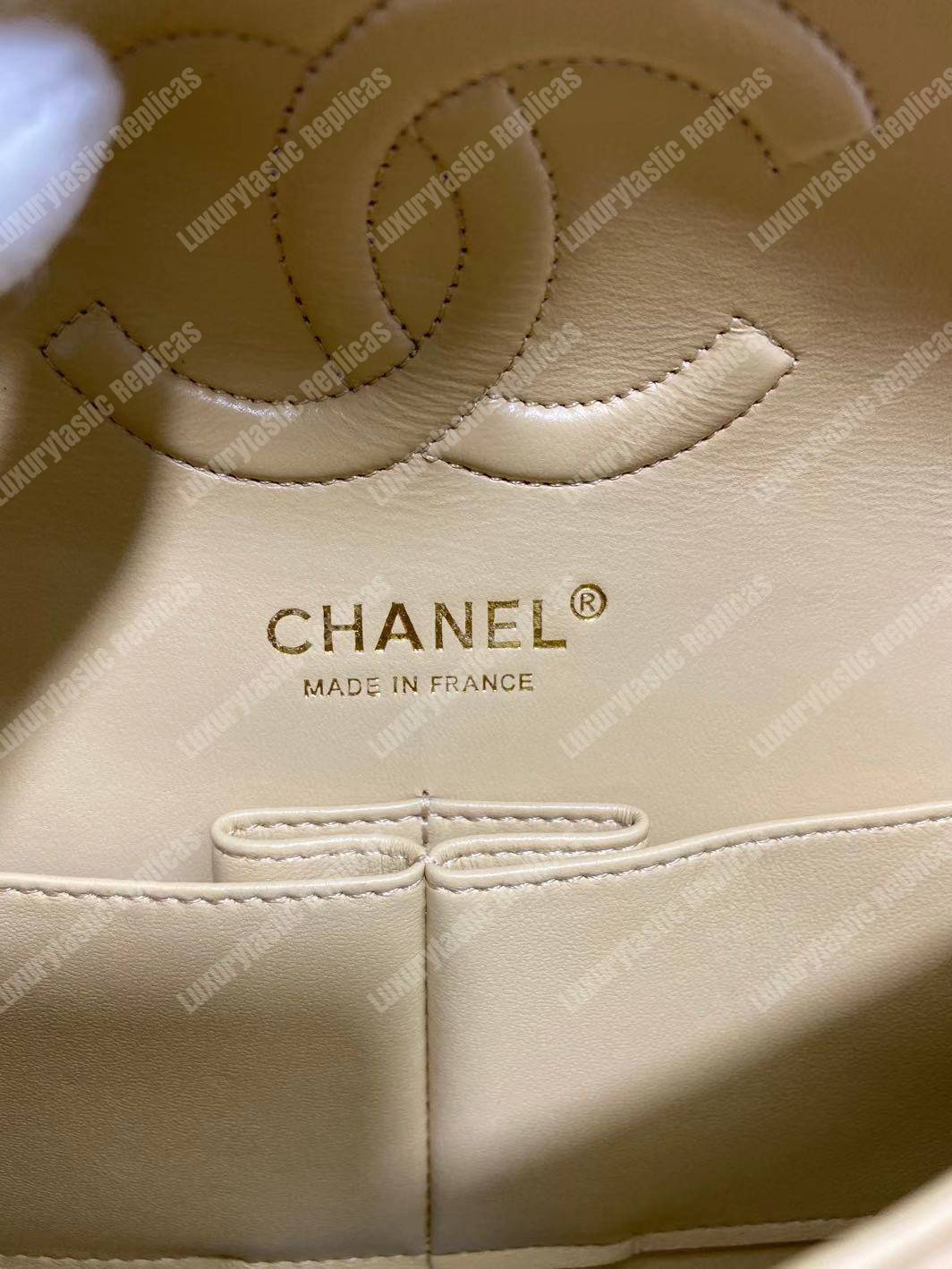 Ch*el medium classic handbag beige gold-tone metal