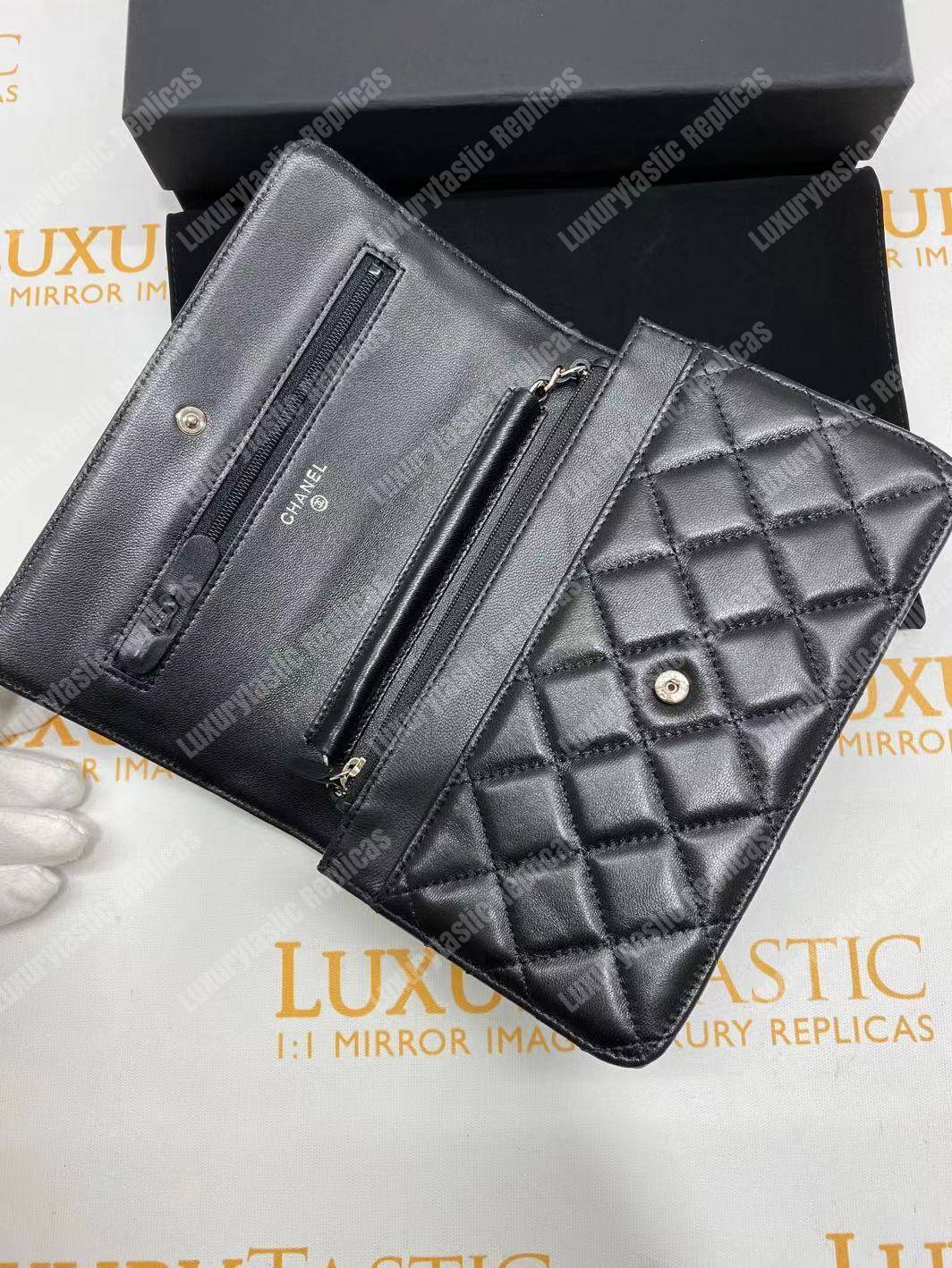 Ch*el wallet on chain – woc quilted lambskin black silver-toned