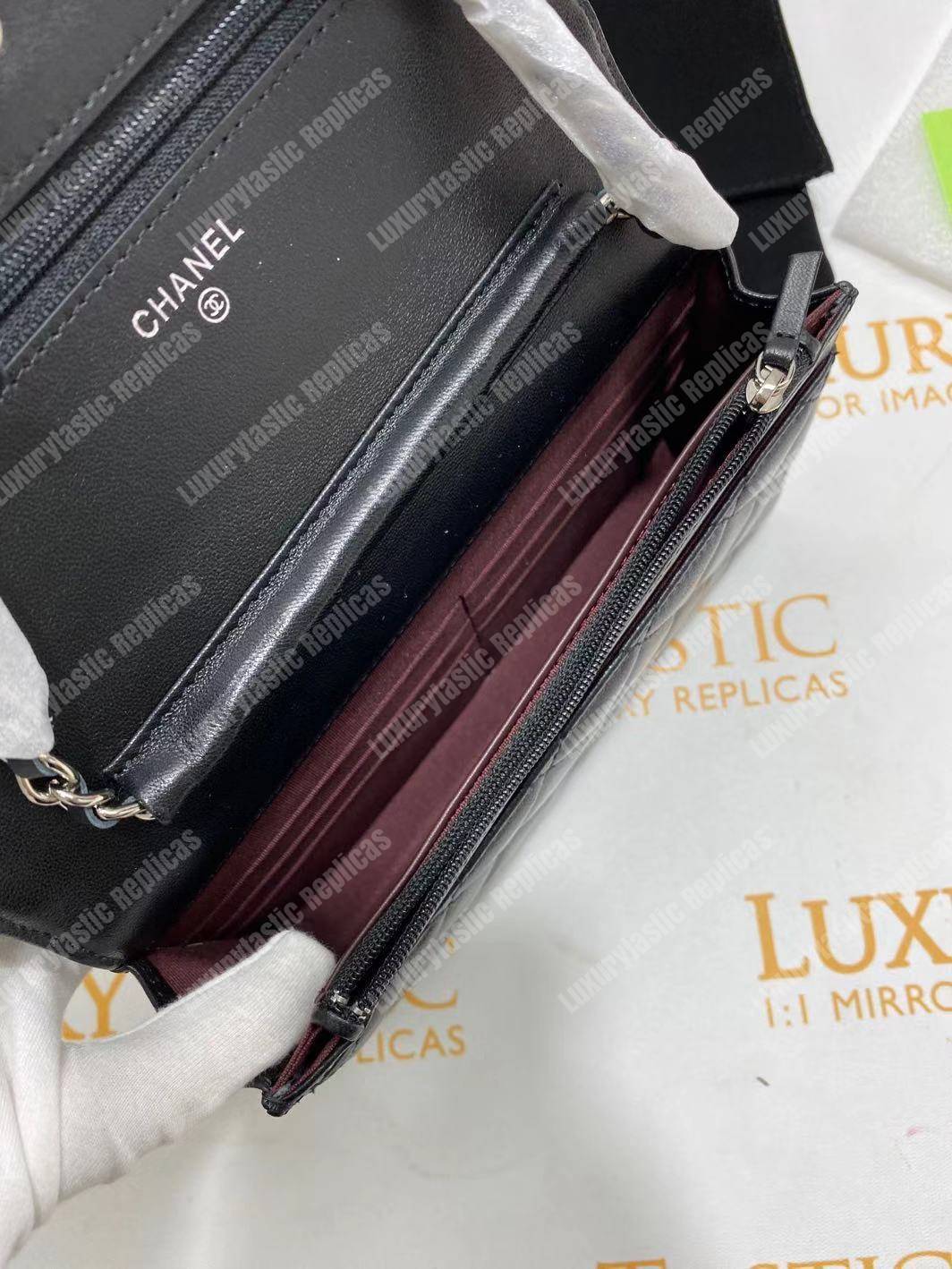 Ch*el wallet on chain – woc quilted lambskin black silver-toned