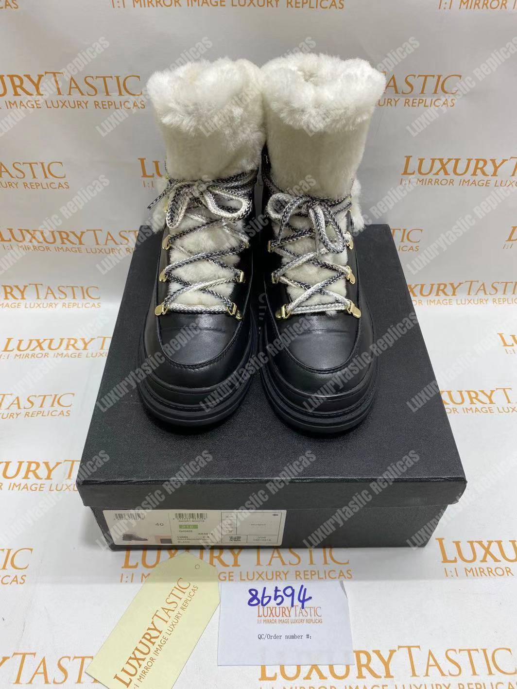 Ch*el round toe lace-up leather boots black / white
