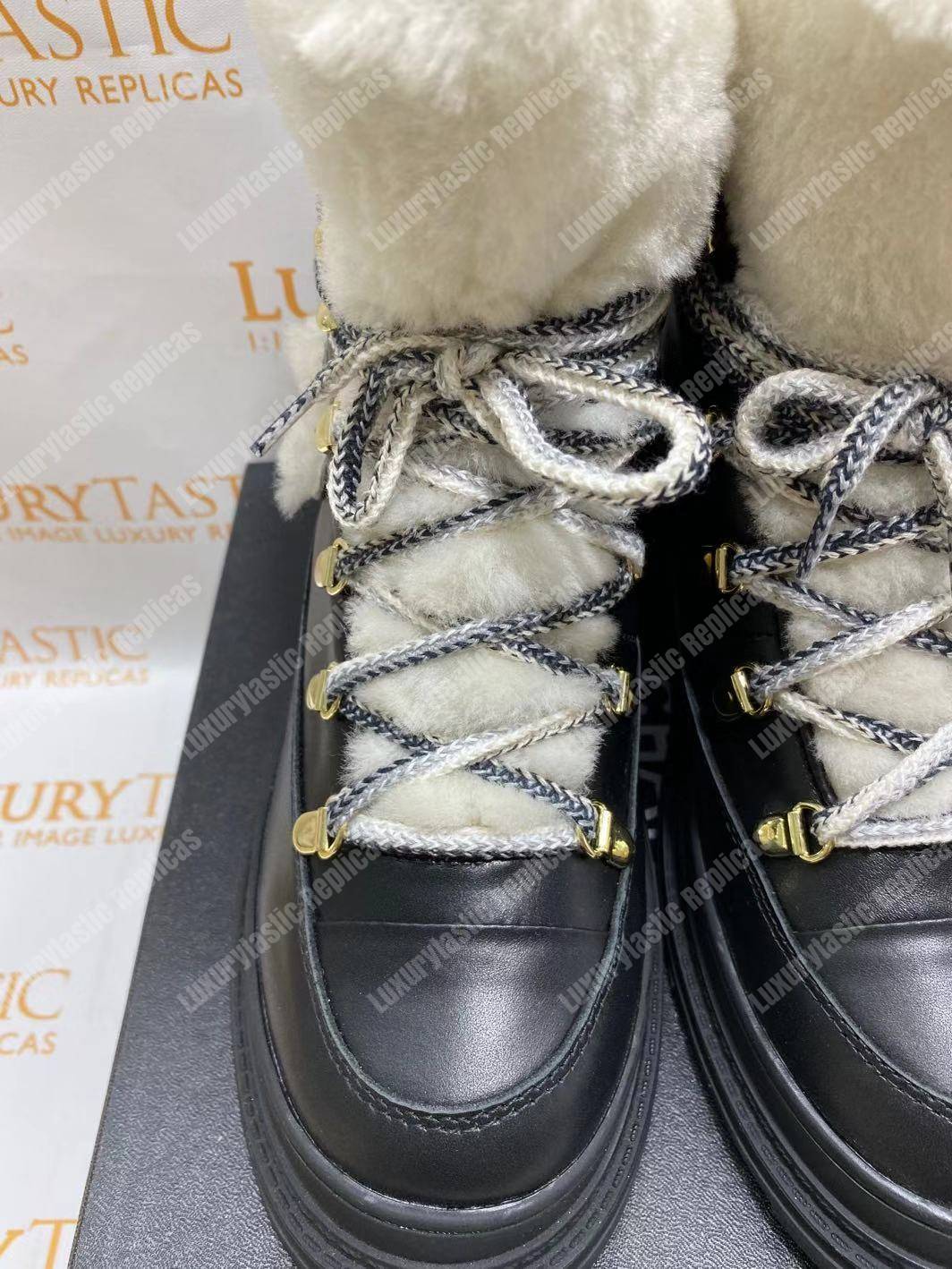 Ch*el round toe lace-up leather boots black / white