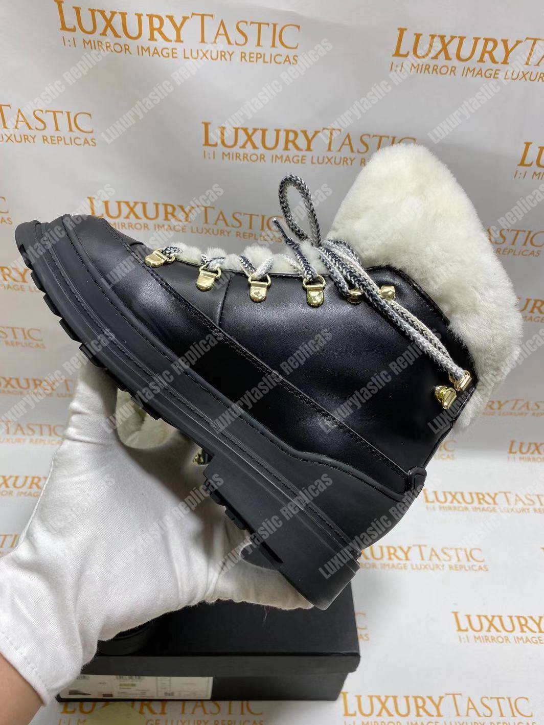 Ch*el round toe lace-up leather boots black / white