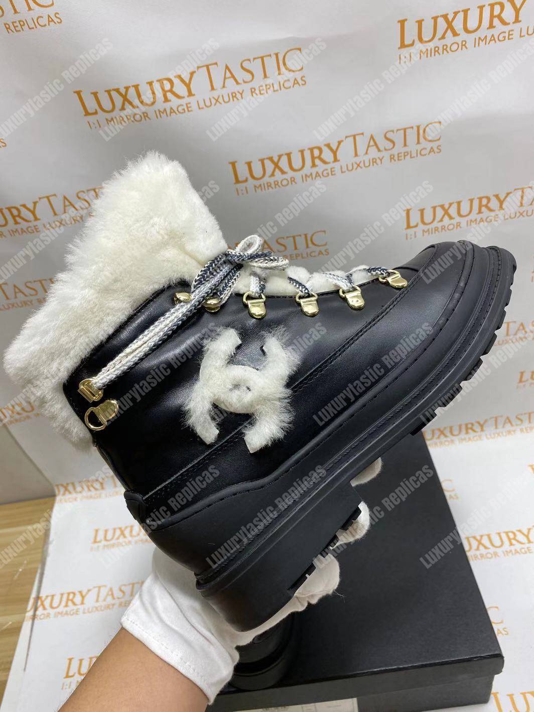 Ch*el round toe lace-up leather boots black / white