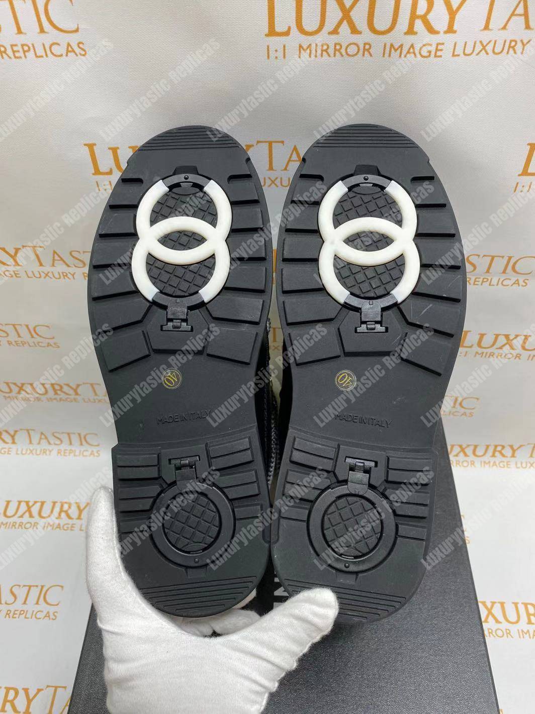 Ch*el round toe lace-up leather boots black / white