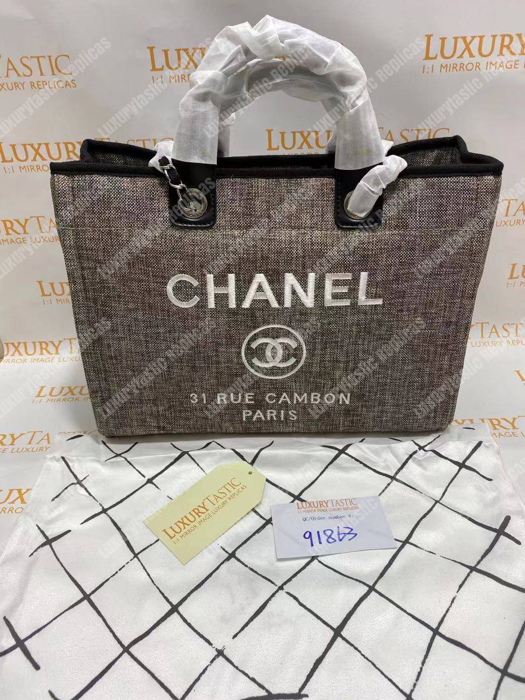 Ch*el deauville fabric tote gray/white