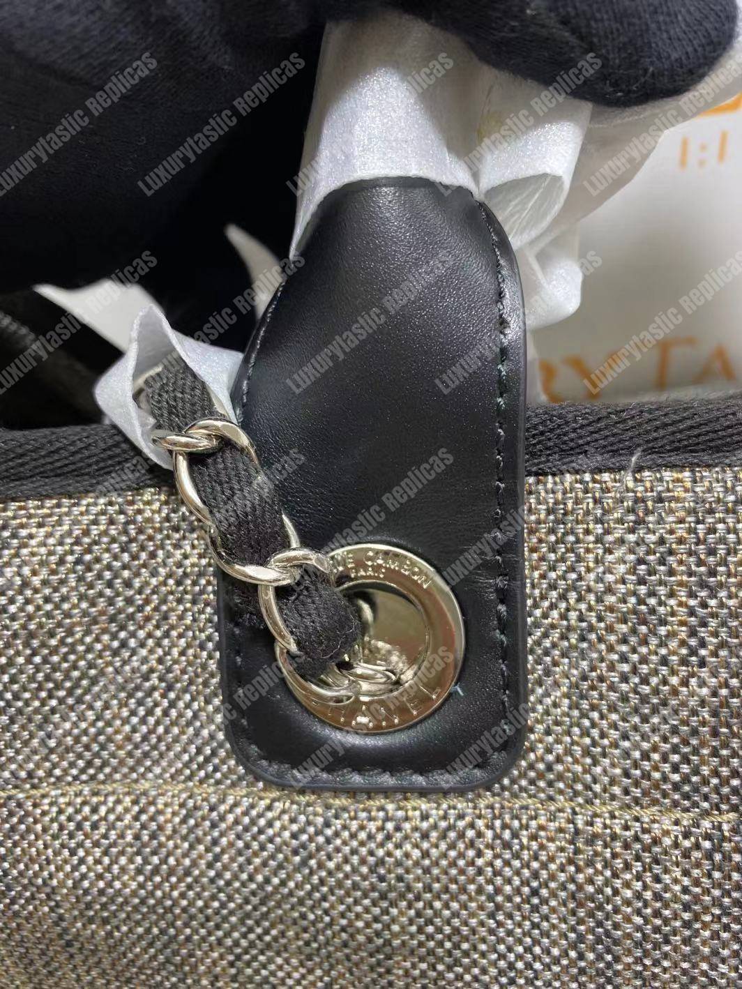 Ch*el deauville fabric tote gray/white