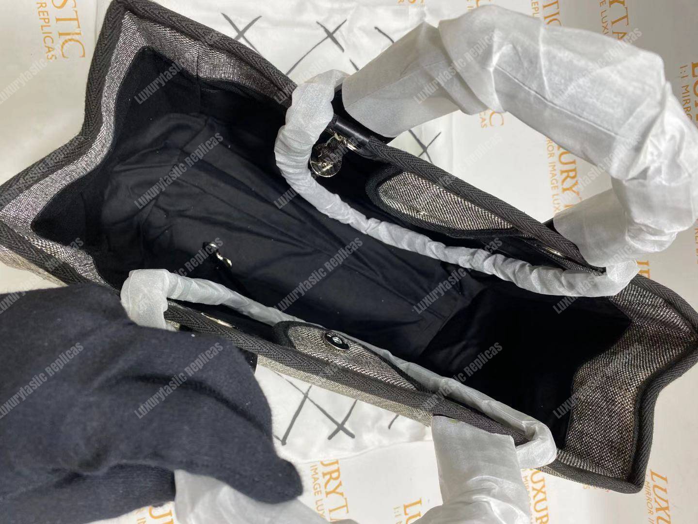 Ch*el deauville fabric tote gray/white