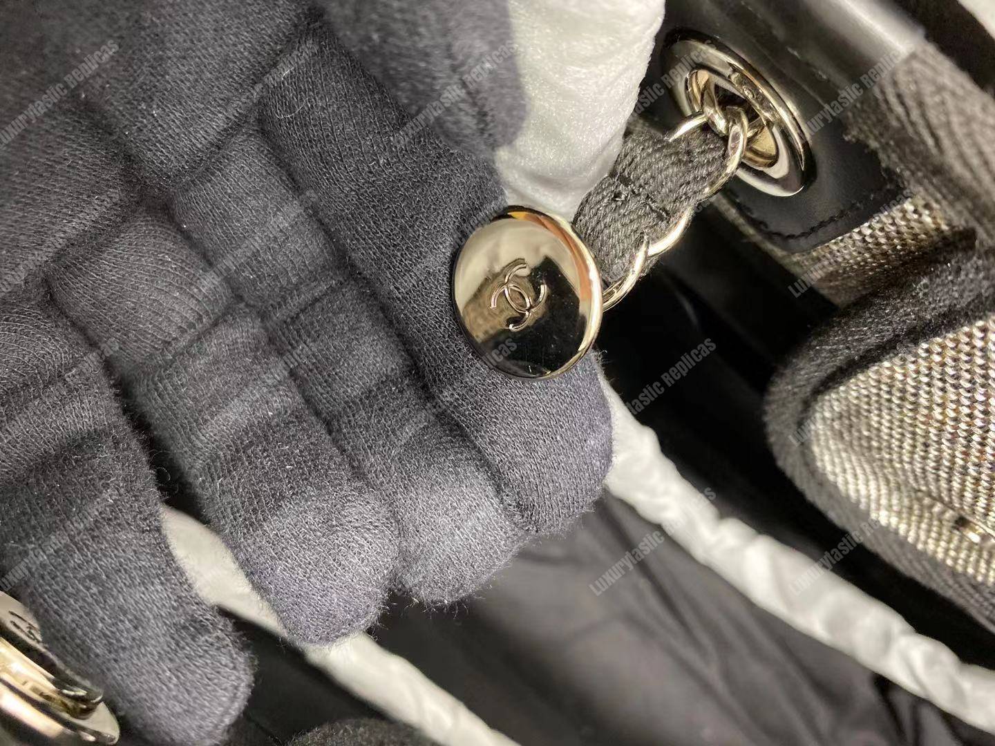 Ch*el deauville fabric tote gray/white