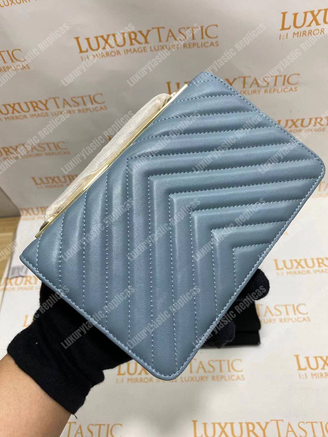 Ch*el wallet on chain – woc chevron lambskin gold-toned metal light blue