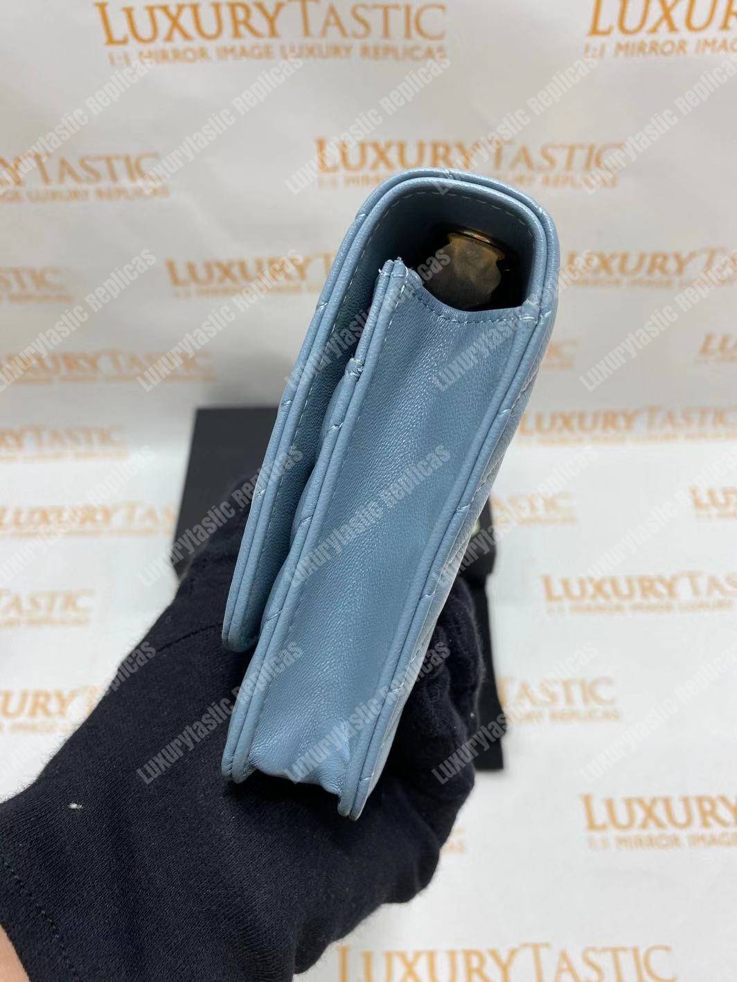 Ch*el wallet on chain – woc chevron lambskin gold-toned metal light blue