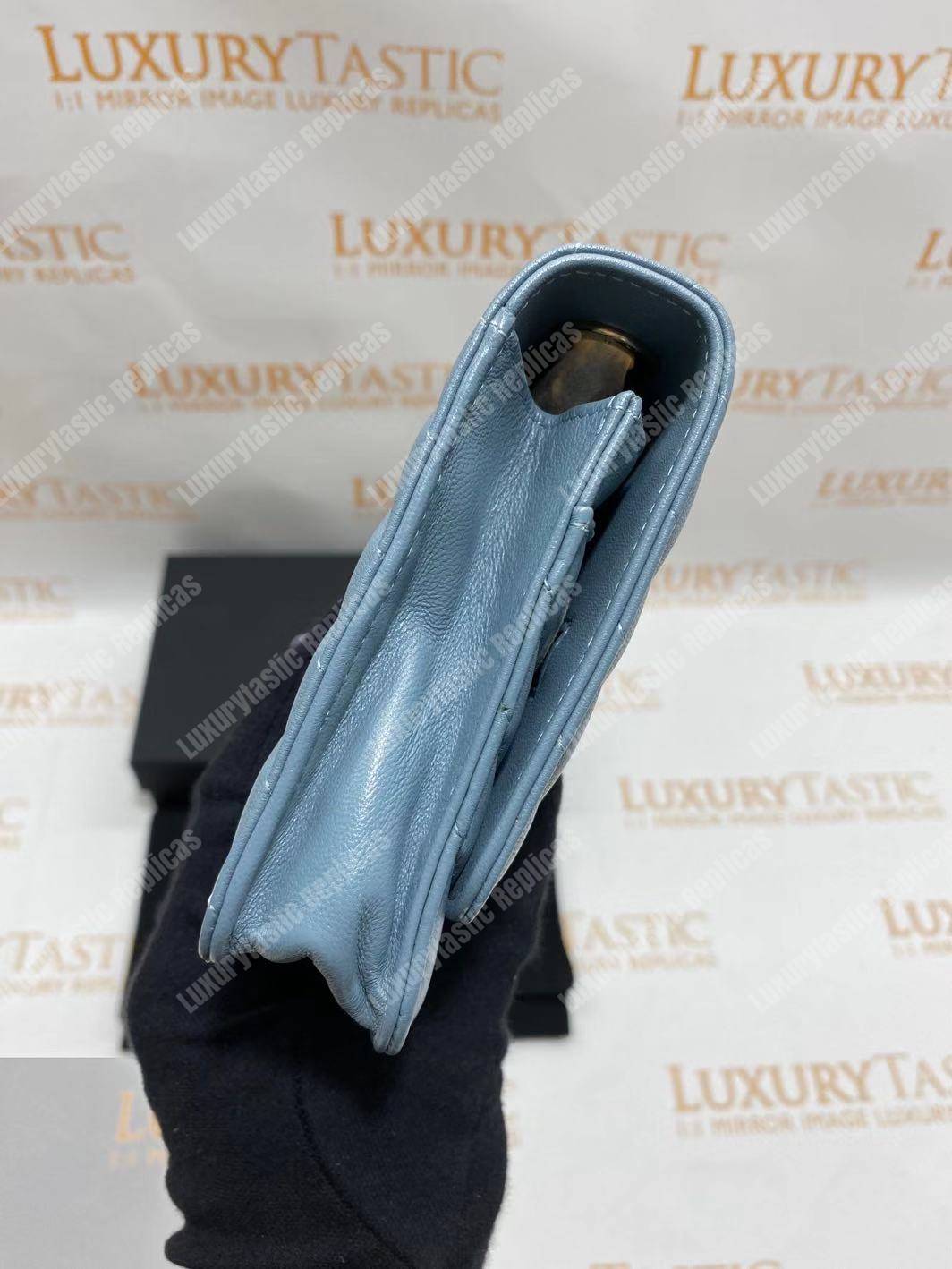 Ch*el wallet on chain – woc chevron lambskin gold-toned metal light blue