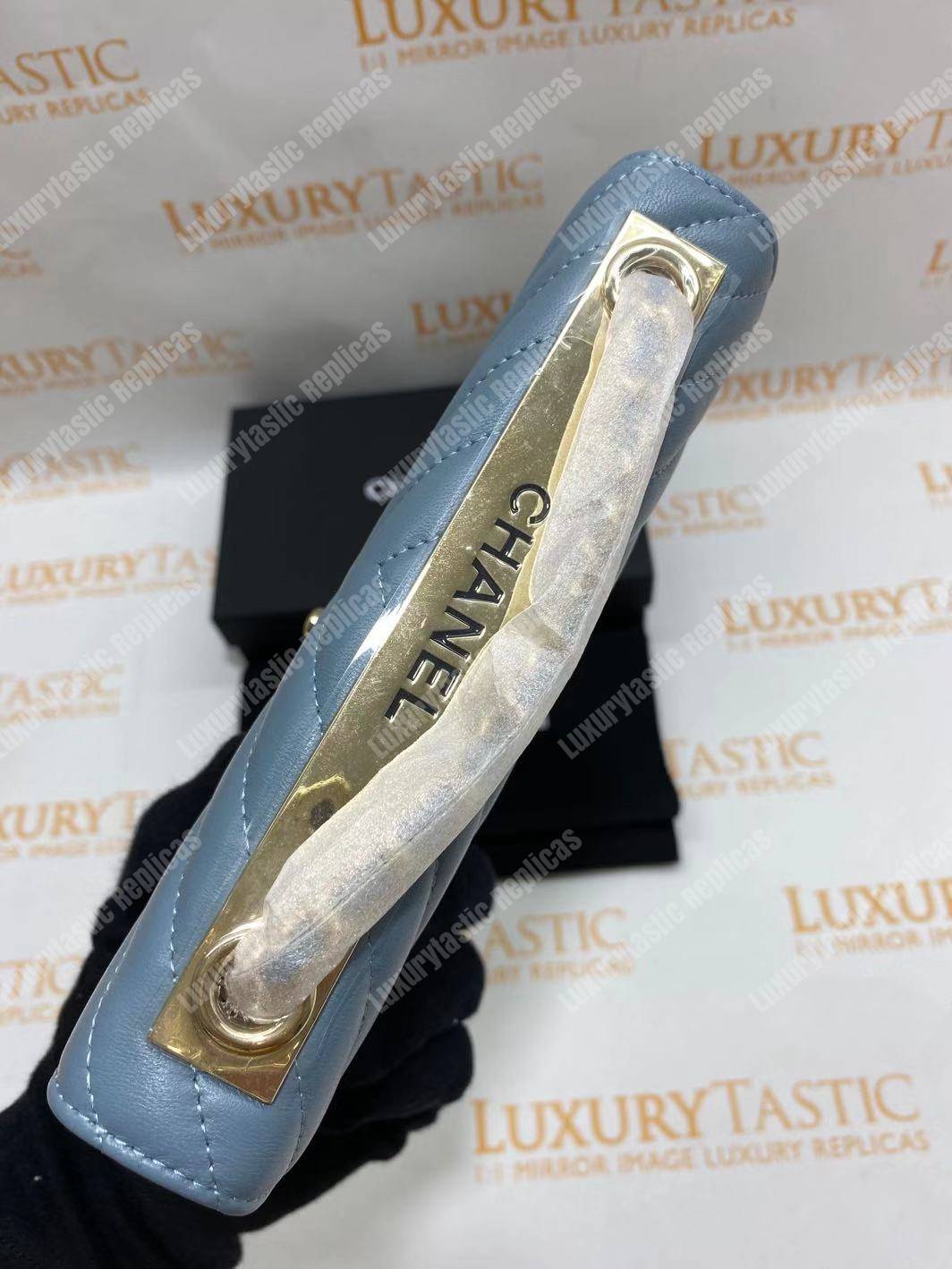 Ch*el wallet on chain – woc chevron lambskin gold-toned metal light blue